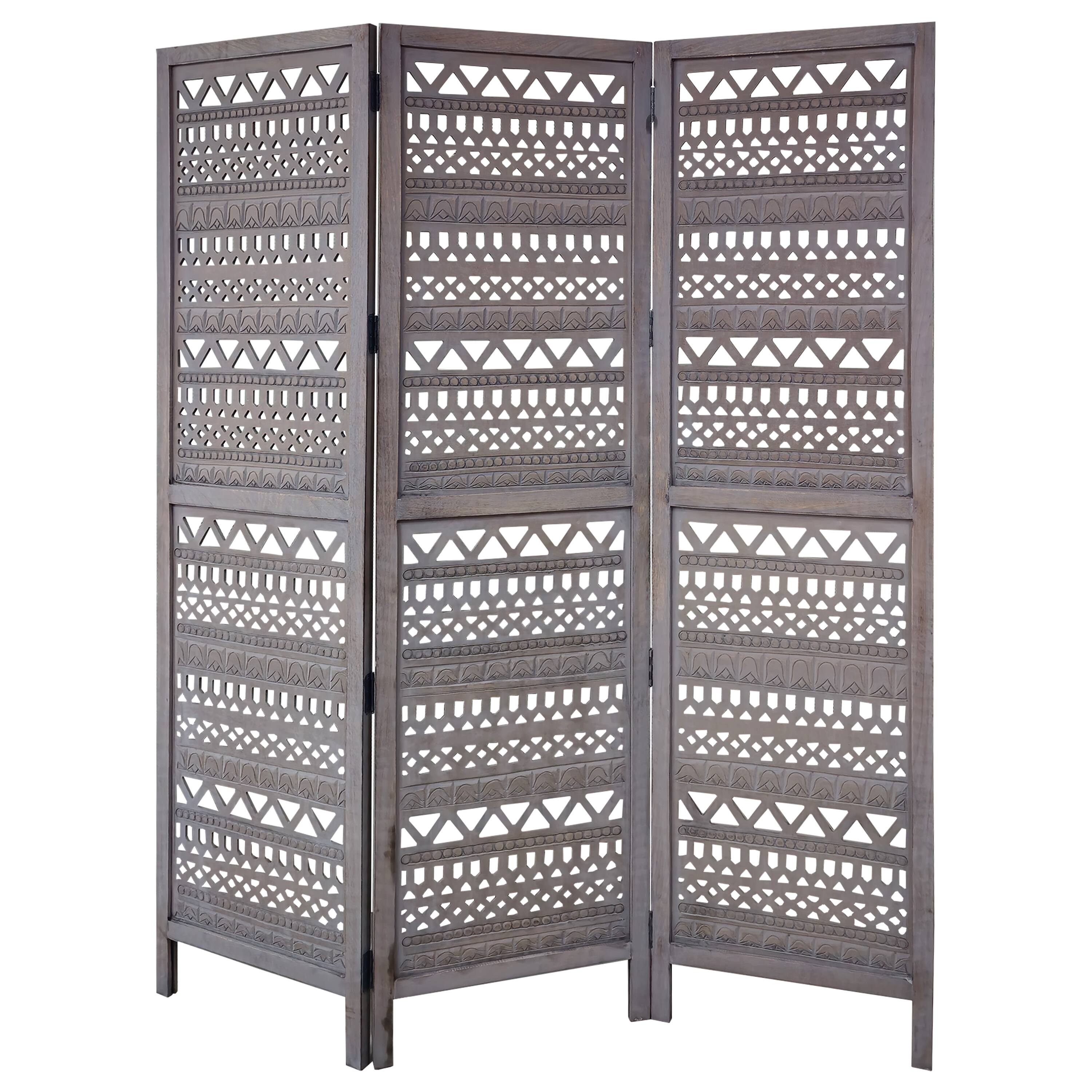 Front. Manhattan Lane - Karma 3 Panel Folding Room Divider Screen, Antique Gray Mango Wood, Inticate Cut out Geometric Design - Gray.