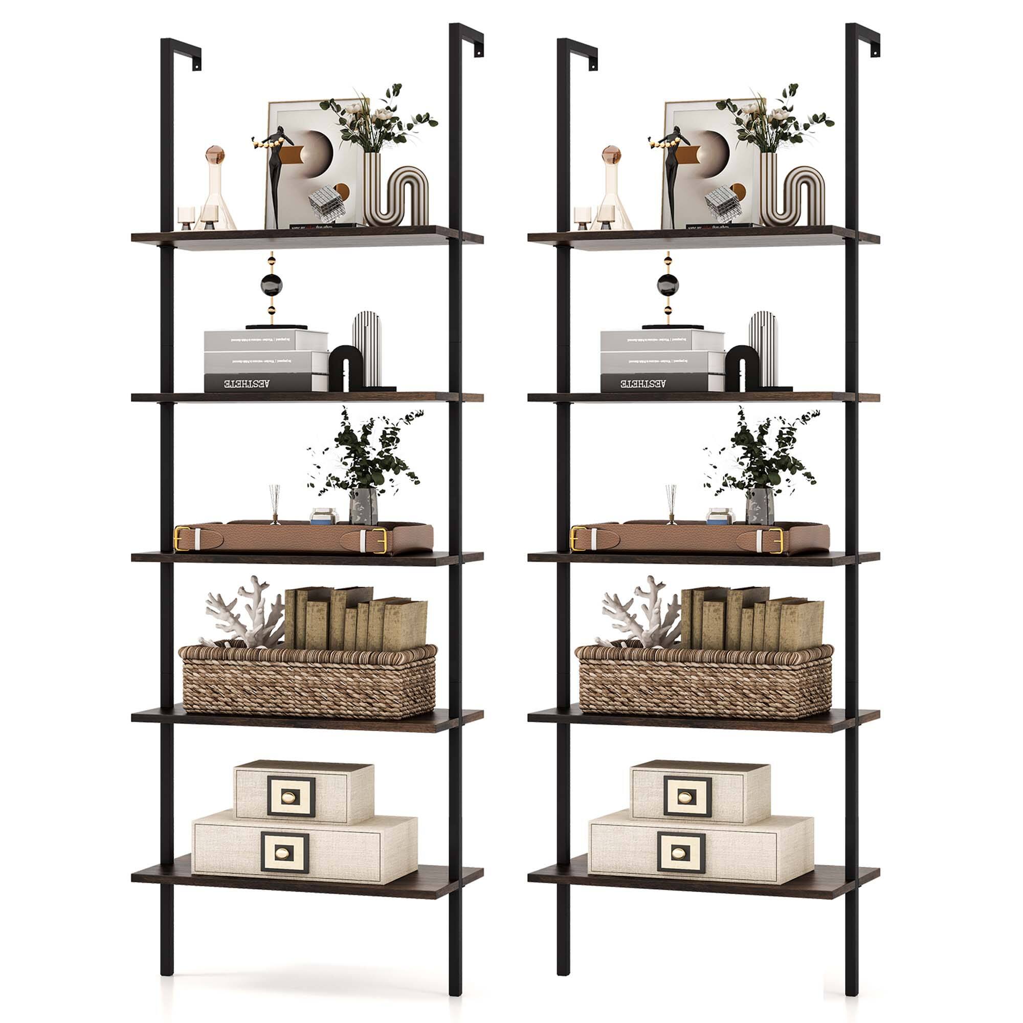 Costway - 2 PCS 5 Tier Ladder Shelf 71" Wall-Mounted Bookshelf Display Storage Organizer - Brown