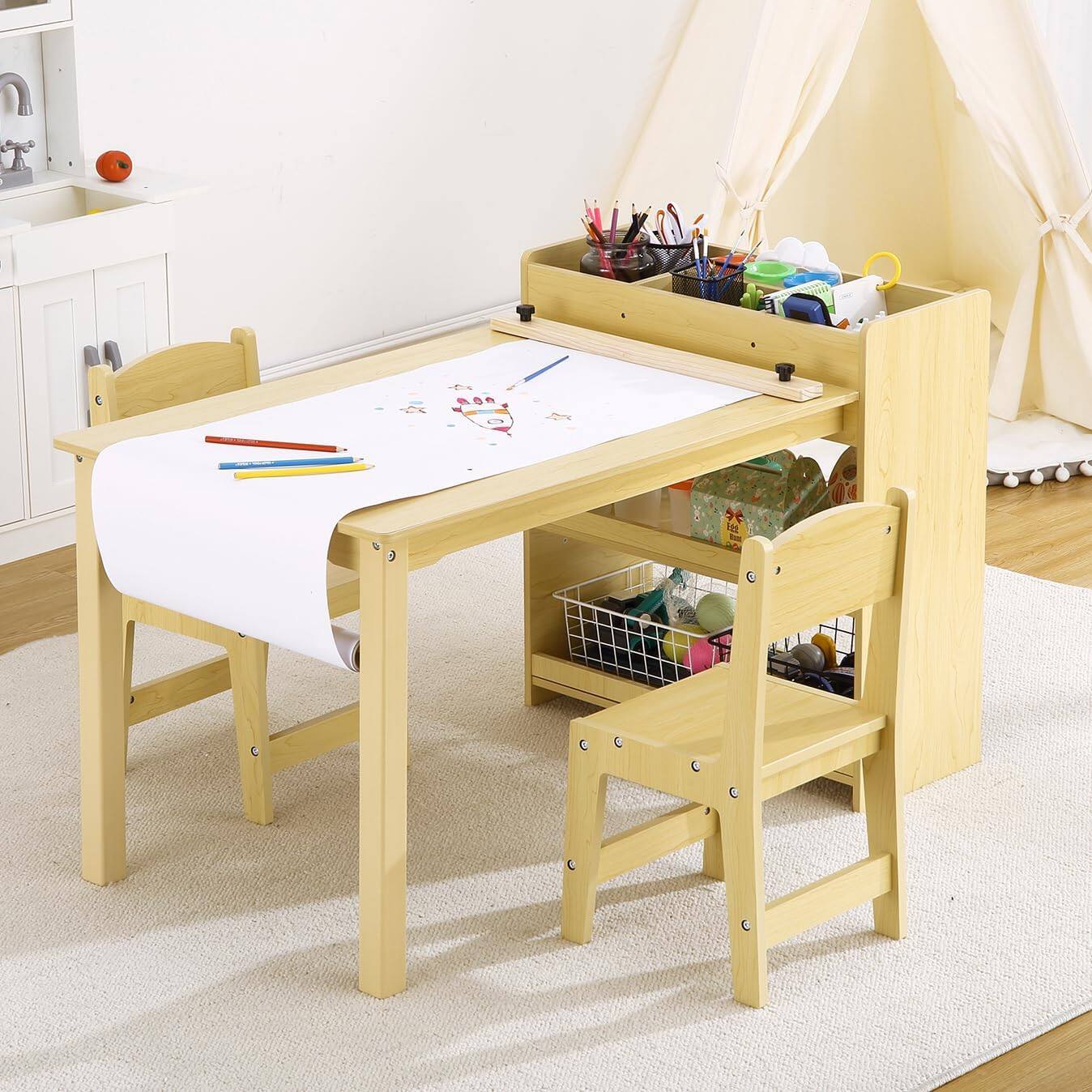 Front. Acekool - Kids Art Table and Chairs Set, Toddler Craft Play Wood Activity Desk With Large Storage - Yellow.