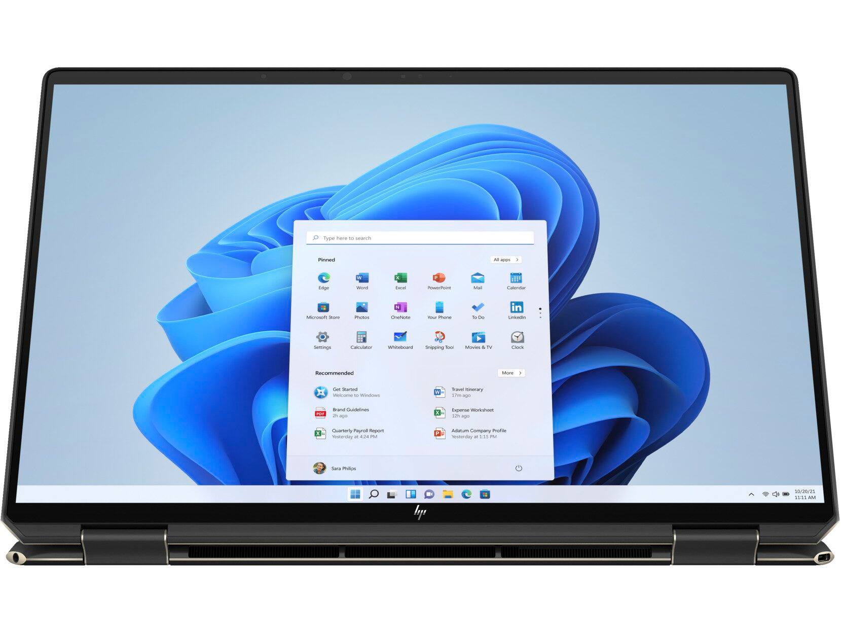 Type here to search

Pinned
- Edge
- Word
- Excel
- PowerPoint
- Mail
- Calendar
- Microsoft Store
- Photos
- OneNote
- Your Phone
- To Do
- LinkedIn
- Settings
- Calculator
- Whiteboard
- Snipping Tool
- Movies & TV
- Clock

Recommended
- Get Started
- Welcome to Windows
- Brand Guidelines
- Travel Itinerary
- Expense Worksheet
- Quarterly Payroll Report
- Adatum Company Profile

Sara Philips

1h ago
2h ago
Yesterday at 4:24 PM
Yesterday at 11:55 PM

10/20/21
11:11 AM