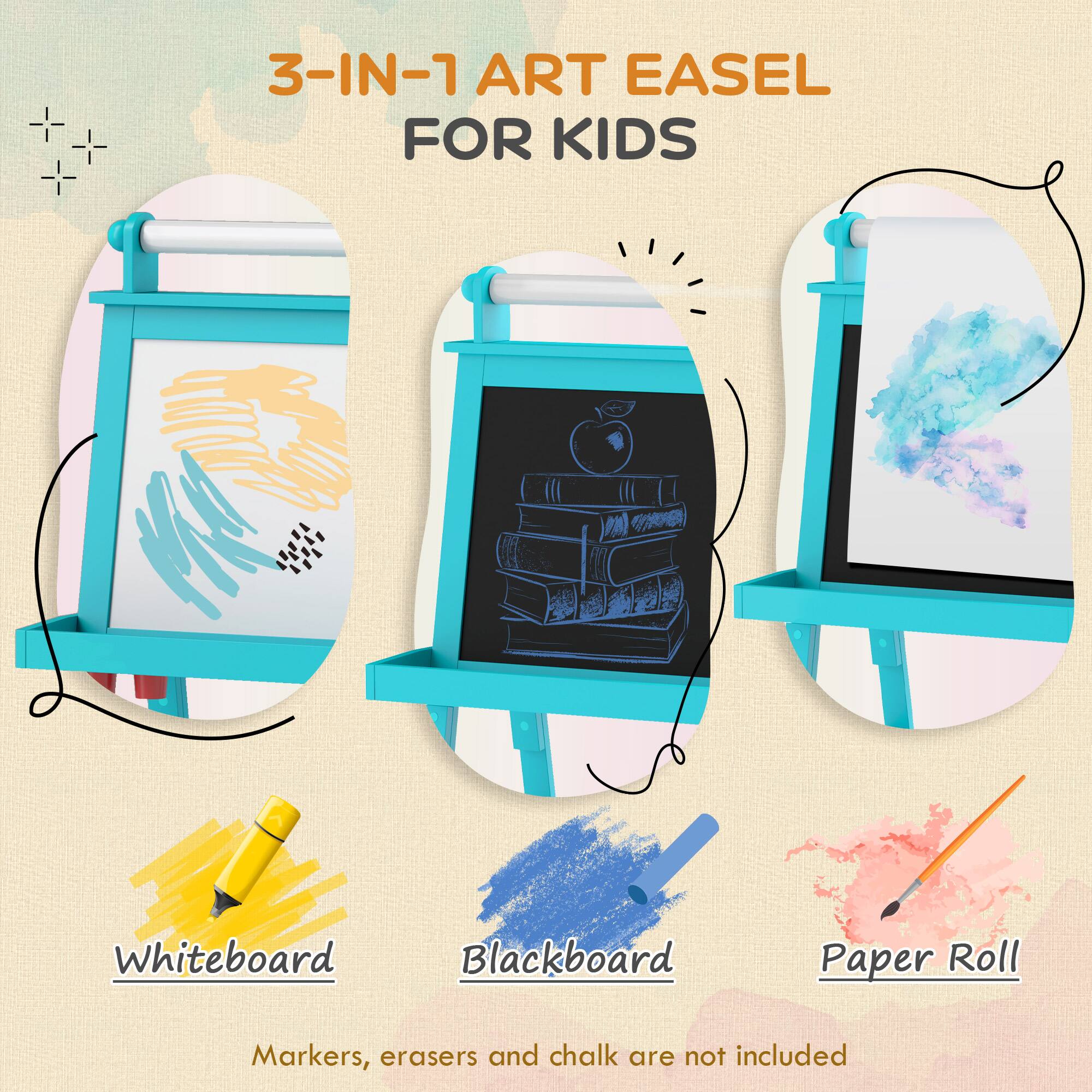 3-IN-1 ART EASEL FOR KIDS

Whiteboard  
Blackboard  
Paper Roll  

Markers, erasers and chalk are not included