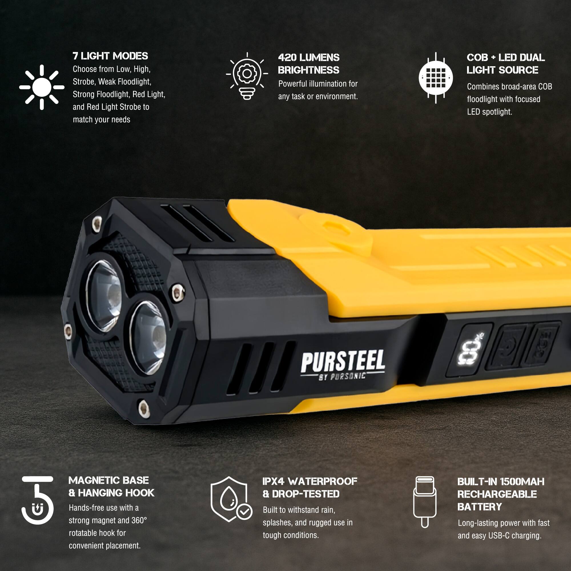 7 LIGHT MODES  
Choose from Low, High, Strobe, Weak Floodlight, Strong Floodlight, Red Light, and Red Light Strobe to match your needs  

420 LUMENS BRIGHTNESS  
Powerful illumination for any task or environment.  

COB + LED DUAL LIGHT SOURCE  
Combines broad-area COB floodlight with focused LED spotlight.  

MAGNETIC BASE & HANGING HOOK  
Hands-free use with a strong magnet and 360° rotatable hook for convenient placement.  

IPX4 WATERPROOF & DROP-TESTED  
Built to withstand rain, splashes, and rugged use in tough conditions.  

BUILT-IN 1500MAH RECHARGEABLE BATTERY  
Long-lasting power with fast and easy USB-C charging.