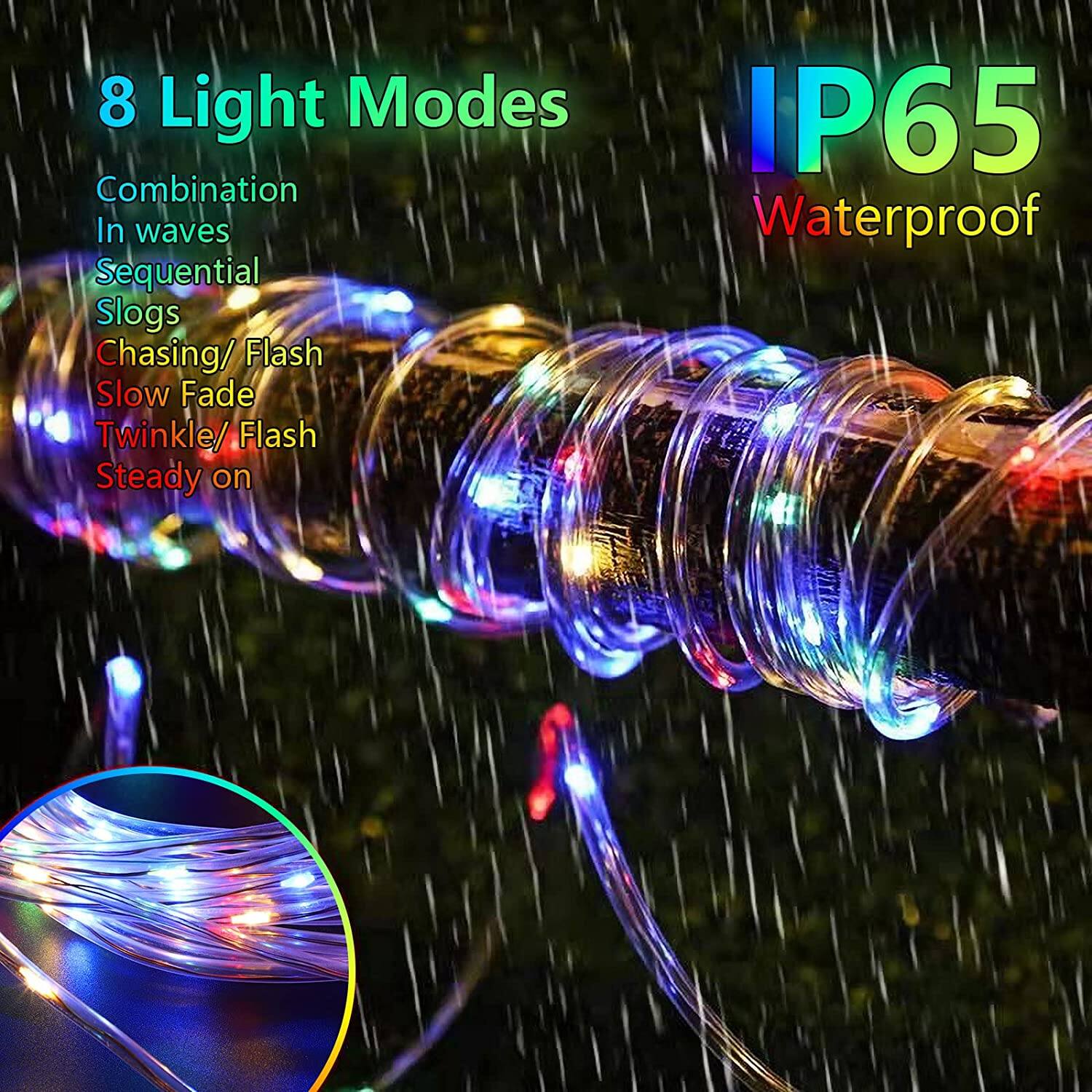 8 Light Modes

Combination  
In waves  
Sequential  
Slogs  
Chasing/ Flash  
Slow Fade  
Twinkle/ Flash  
Steady on  

IP65 Waterproof