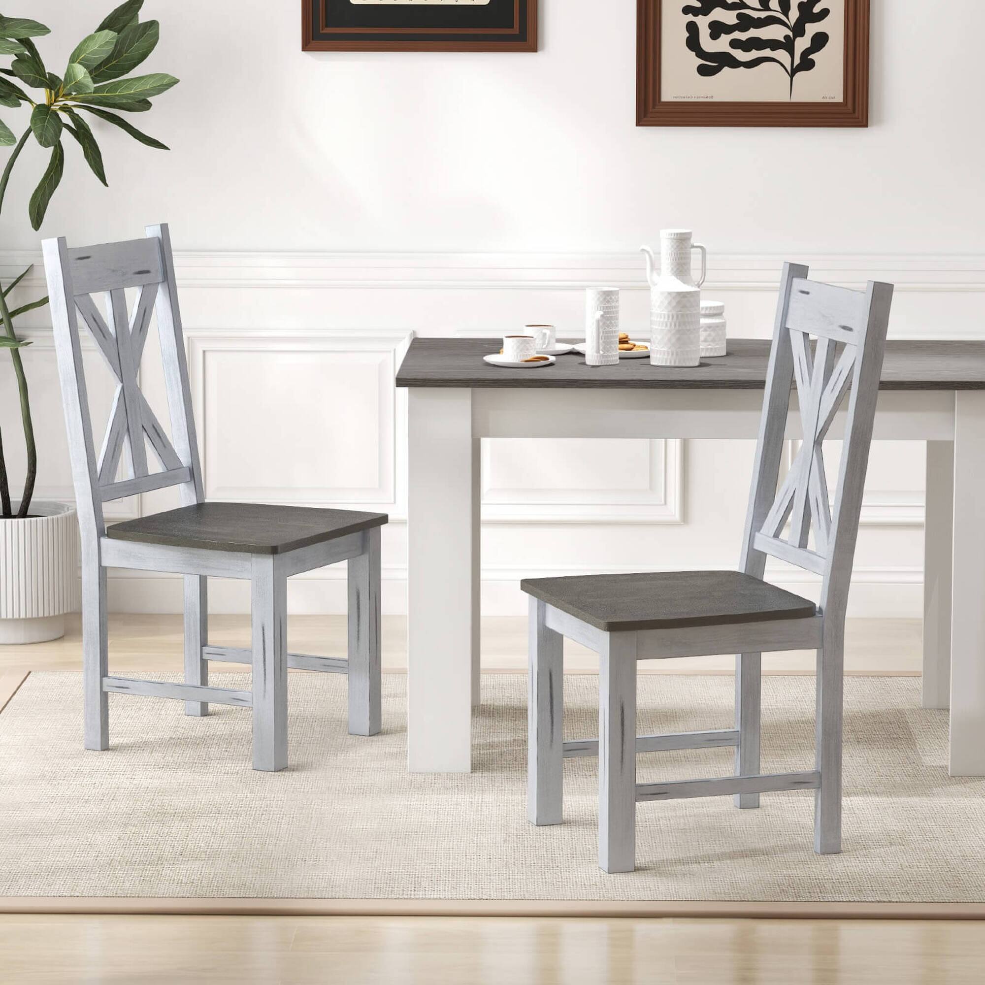Angle. Costway - Wooden Dining Chair Set of 2 with Rubber Wood Frame Elegant Hollowed Backrest - White, Gray.