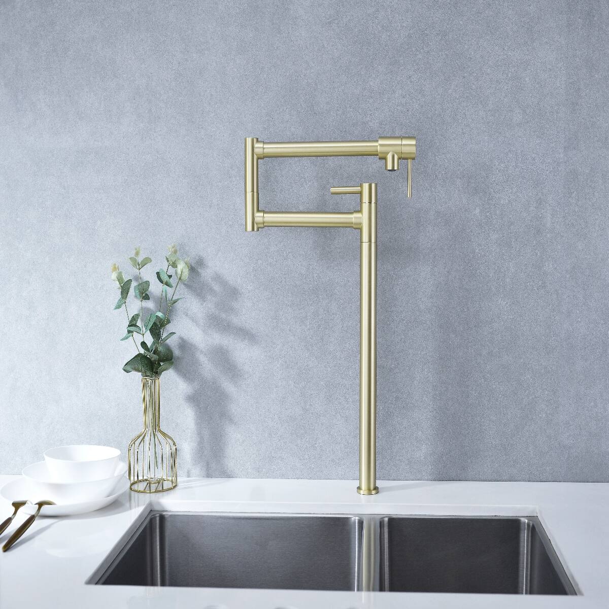 Alt View 10. Ropilly - Ropilly Wall Mount Pot Filler Faucet, Brass Pot Filler Faucet in Gold With Double Handles and Swivel Arm - Gold.
