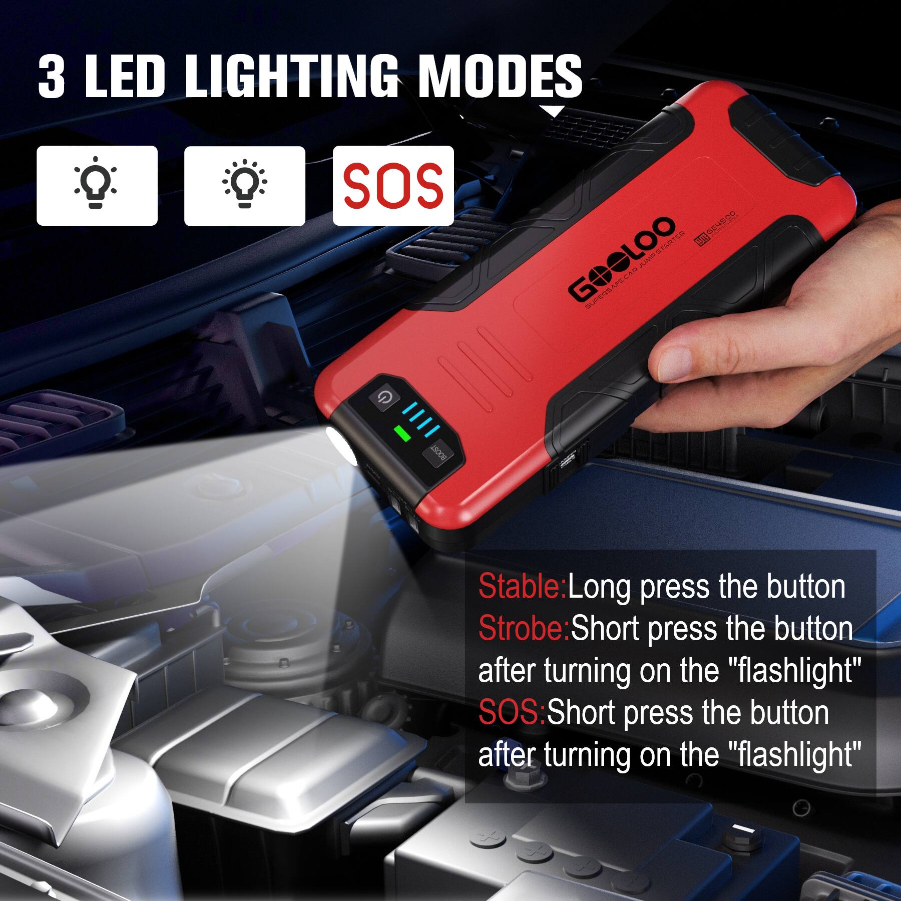 3 LED LIGHTING MODES

SOS

Stable: Long press the button  
Strobe: Short press the button after turning on the "flashlight"  
SOS: Short press the button after turning on the "flashlight"