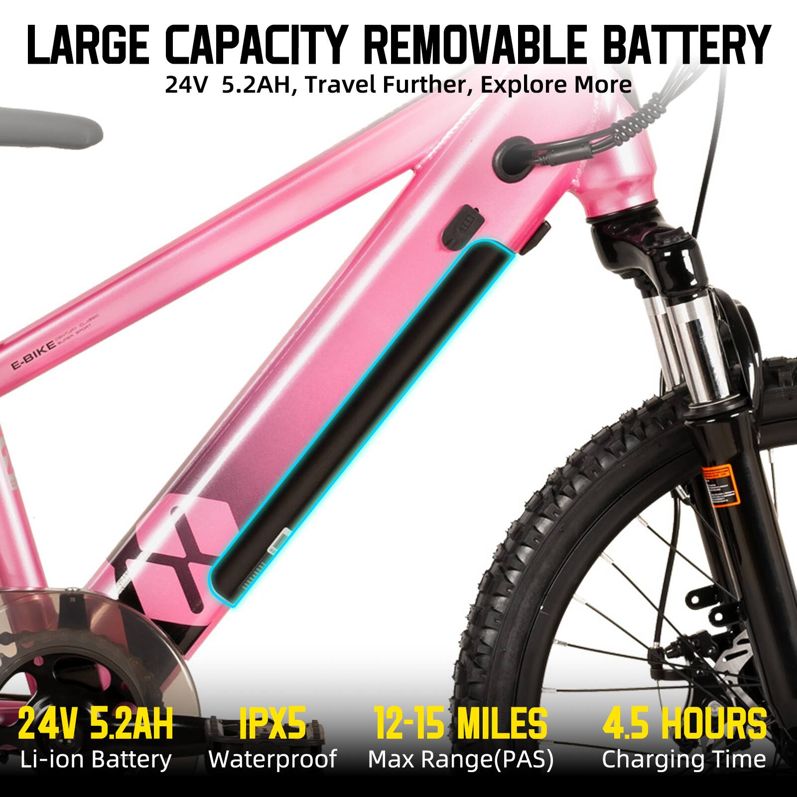LARGE CAPACITY REMOVABLE BATTERY  
24V 5.2AH, Travel Further, Explore More  
E-BIKE 24V 5.2AH IPX5  
12-15 MILES  
4.5 HOURS  
Li-ion Battery Waterproof  
Max Range(PAS)  
Charging Time