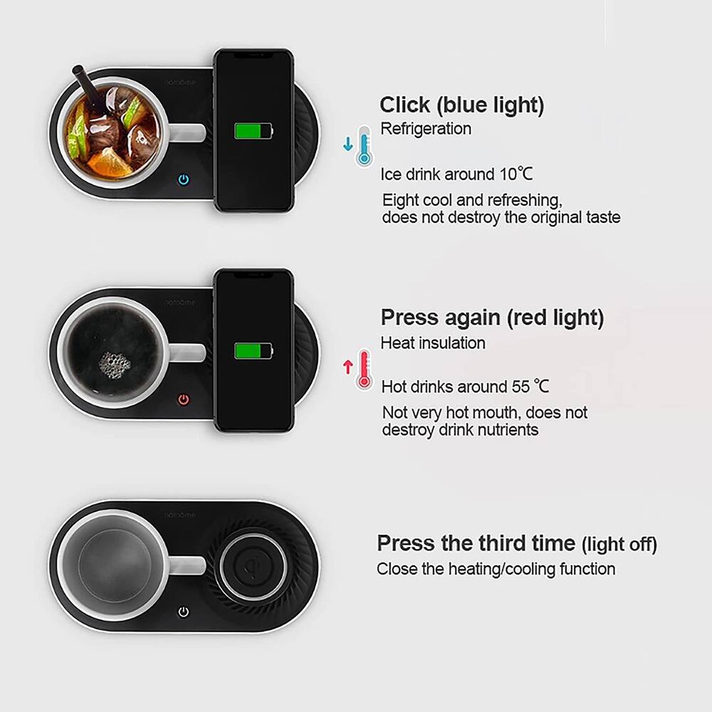Click (blue light)  
Refrigeration  
Ice drink around 10°C  
Eight cool and refreshing, does not destroy the original taste  

Press again (red light)  
Heat insulation  
Hot drinks around 55°C  
Not very hot mouth, does not destroy drink nutrients  

Press the third time (light off)  
Close the heating/cooling function