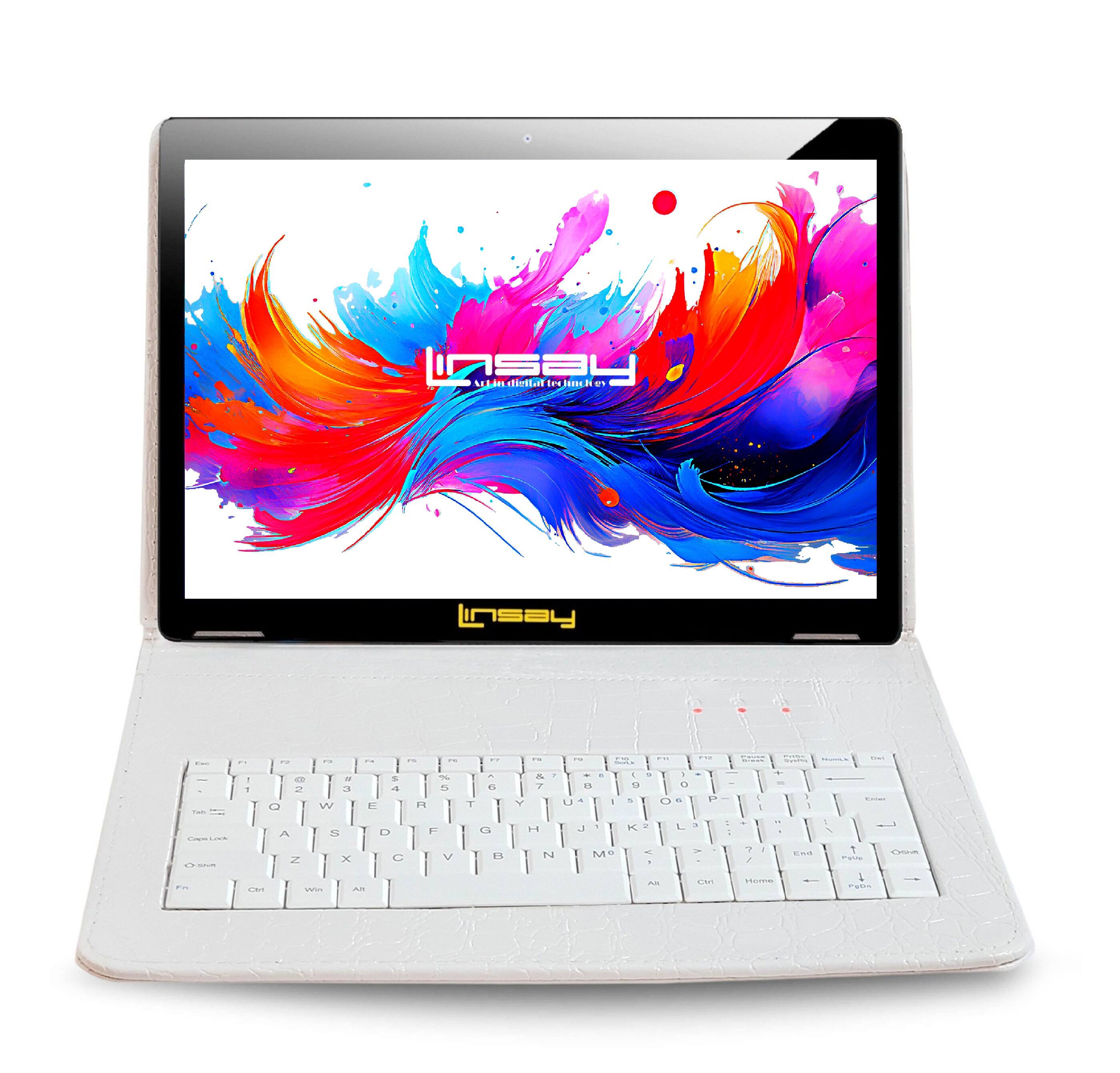 LINSAY - 10.1"Octa Core 256GB Storage Android 15 Tablet with Crocodile Style Keyboard - White
