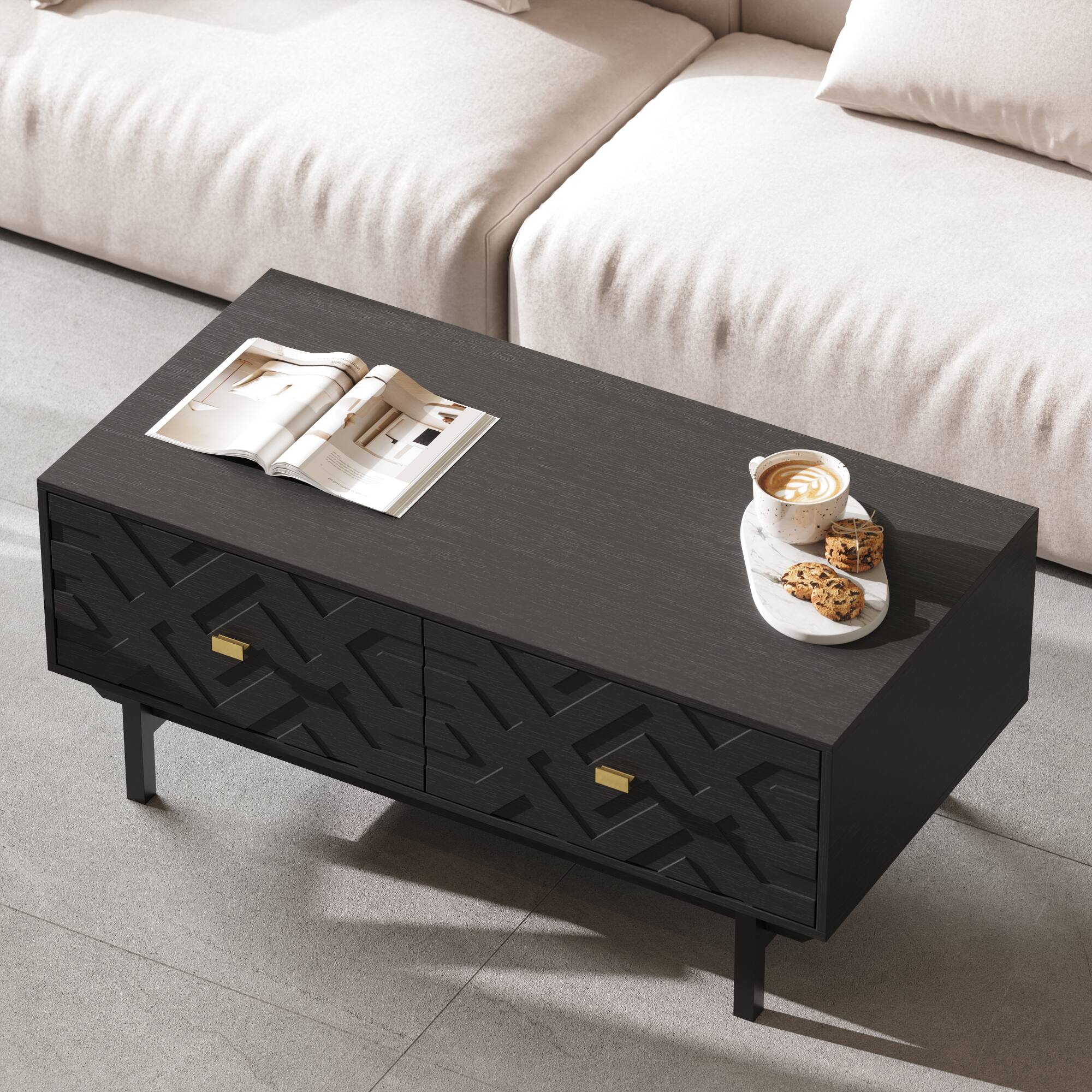 Angle. FUFU&GAGA - Embossed Coffee Table with Dual Drawers and Artistic Carved Design for Living Room - Black.