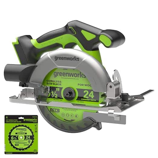 Greenworks - 24V PowerAll 6-1/2" 5000RPM Circular Saw with two Blades, Tool Only, Battery and Charger Not Included - Green