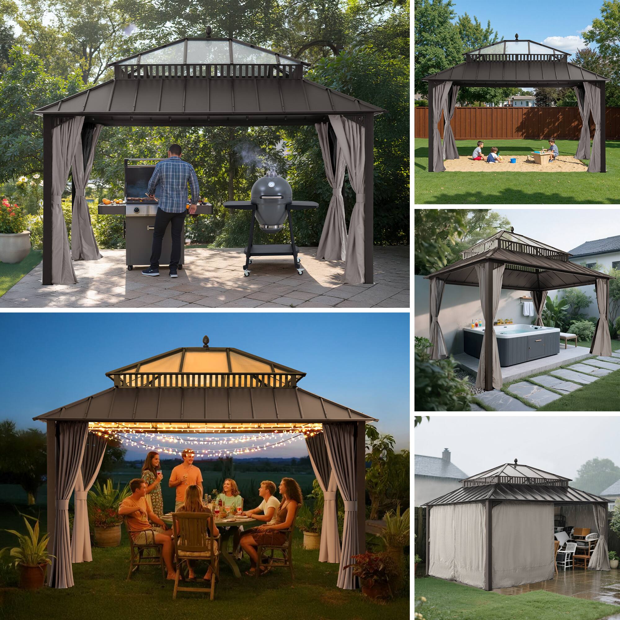 Alt View 10. SUNJOY - SUNJOY Kingston 14x12 Gazebo, Steel & PC Roof Hardtop Gazebo with Curtain and Netting - Brown Aluminum Posts.