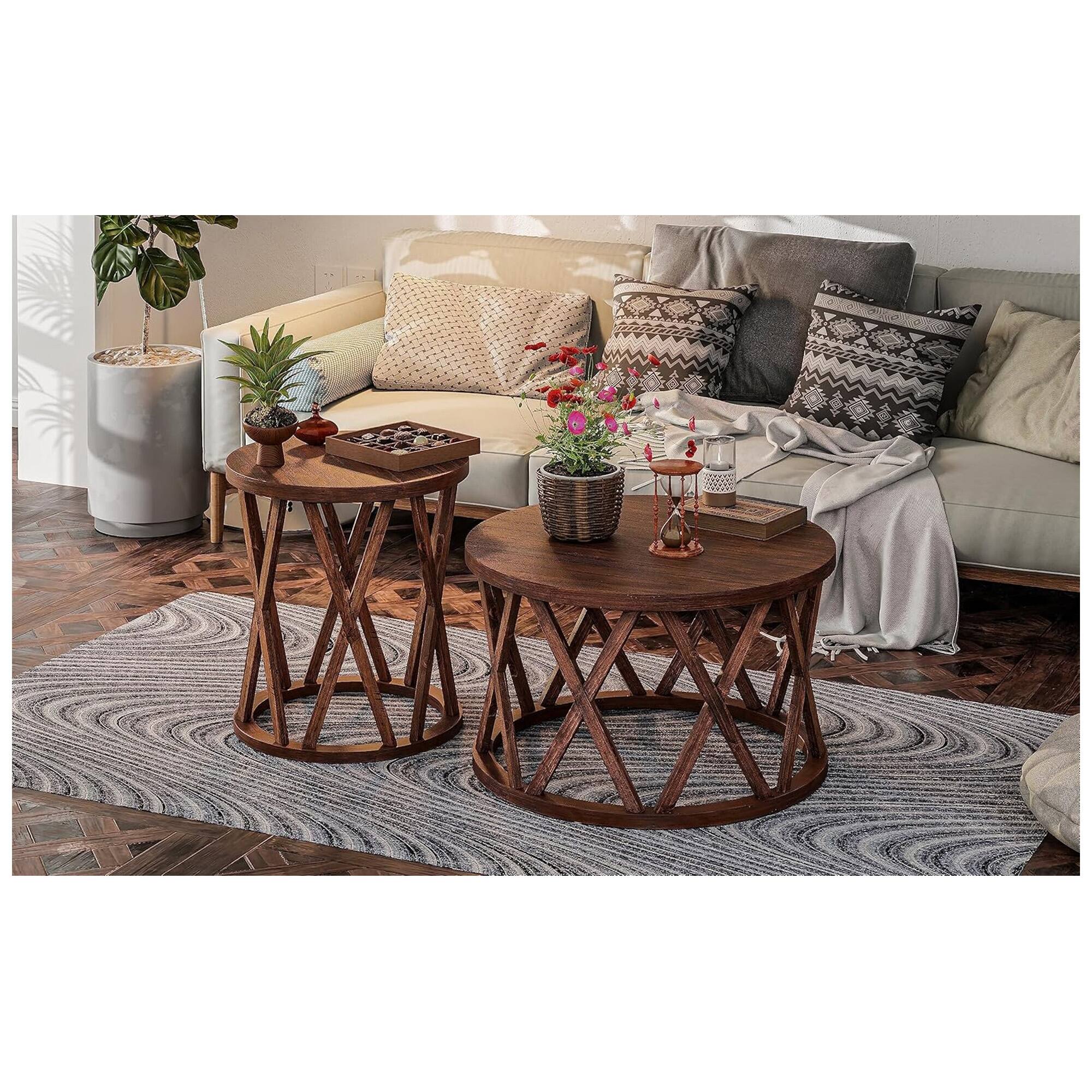 Alt View 7. COZAYH - COZAYH Rustic Round Coffee Table with X-Motif Base for Living Room, Brown - Brown.