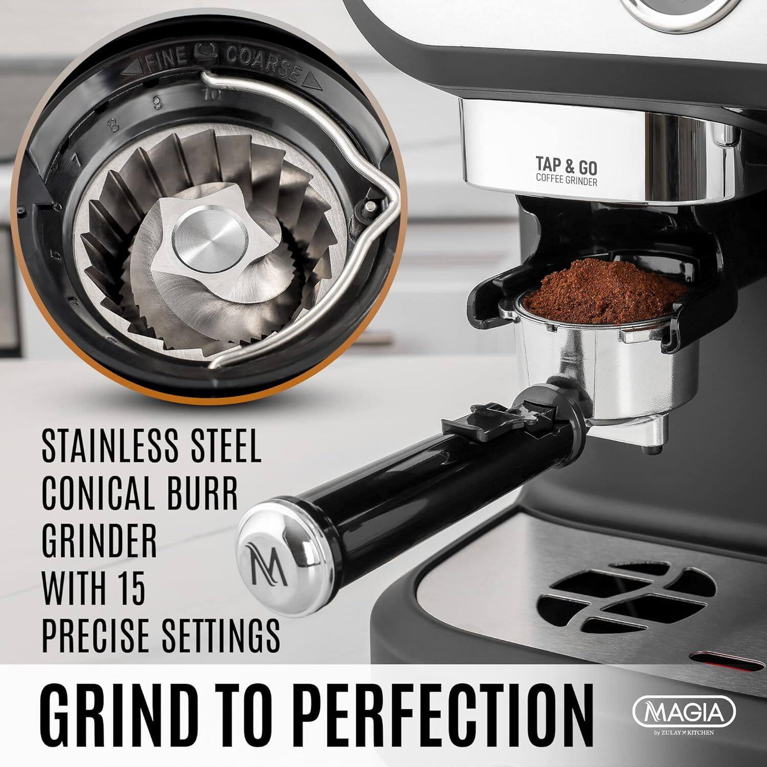 FINE COARSE 10 g TAP & GO COFFEE GRINDER STAINLESS STEEL CONICAL BURR GRINDER M WITH 15 PRECISE SETTINGS GRIND TO PERFECTION MAGIA by ZULLAY KITCHEN
