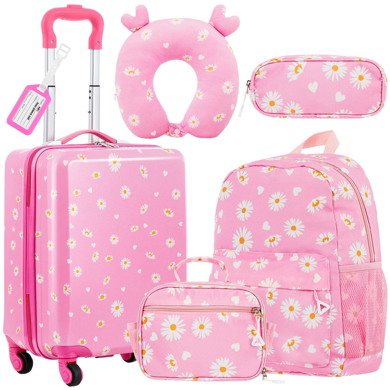 Dapper Styles - 6 Luggage Set Rolling Double Pattern Suitcase pieces there canvas - Light Pink-17 Inch-Daisy Style
