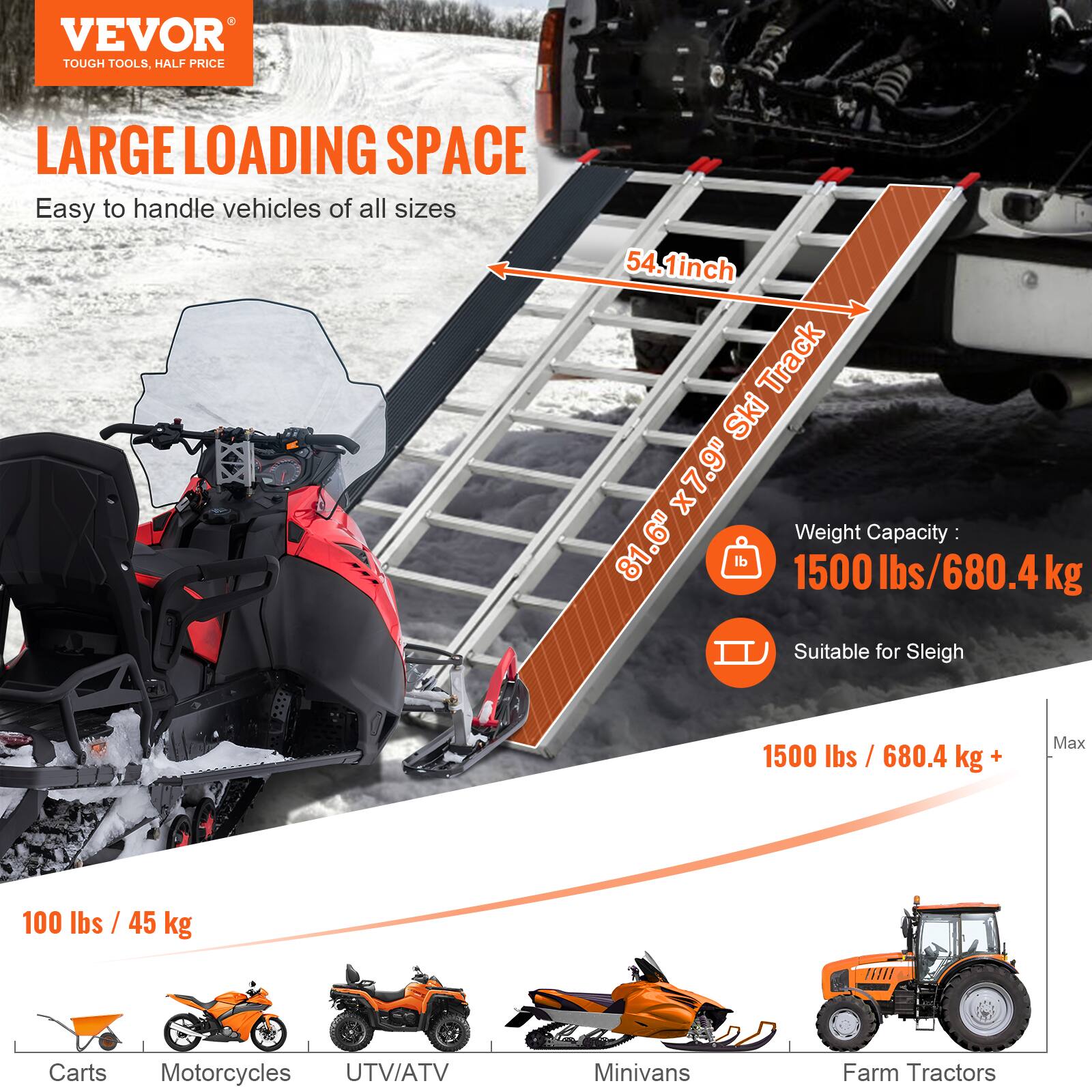 VEVOR  
TOUGH TOOLS, HALF PRICE  

LARGE LOADING SPACE  
Easy to handle vehicles of all sizes  

54.1 inch x 7.9" Ski Track  

Weight Capacity:  
1500 lbs / 680.4 kg  

Suitable for Sleigh  

1500 lbs / 680.4 kg +  

Max 100 lbs / 45 kg  

Carts  
Motorcycles  
UTV/ATV  
Minivans  
Farm Tractors