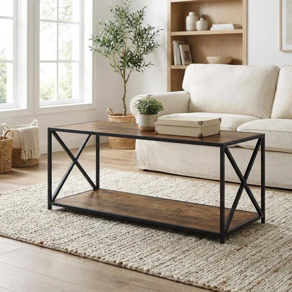 Back. FurniFact - Barnwood Black Coffee Table with Shelf and Particle Board Surface - Barnwood.