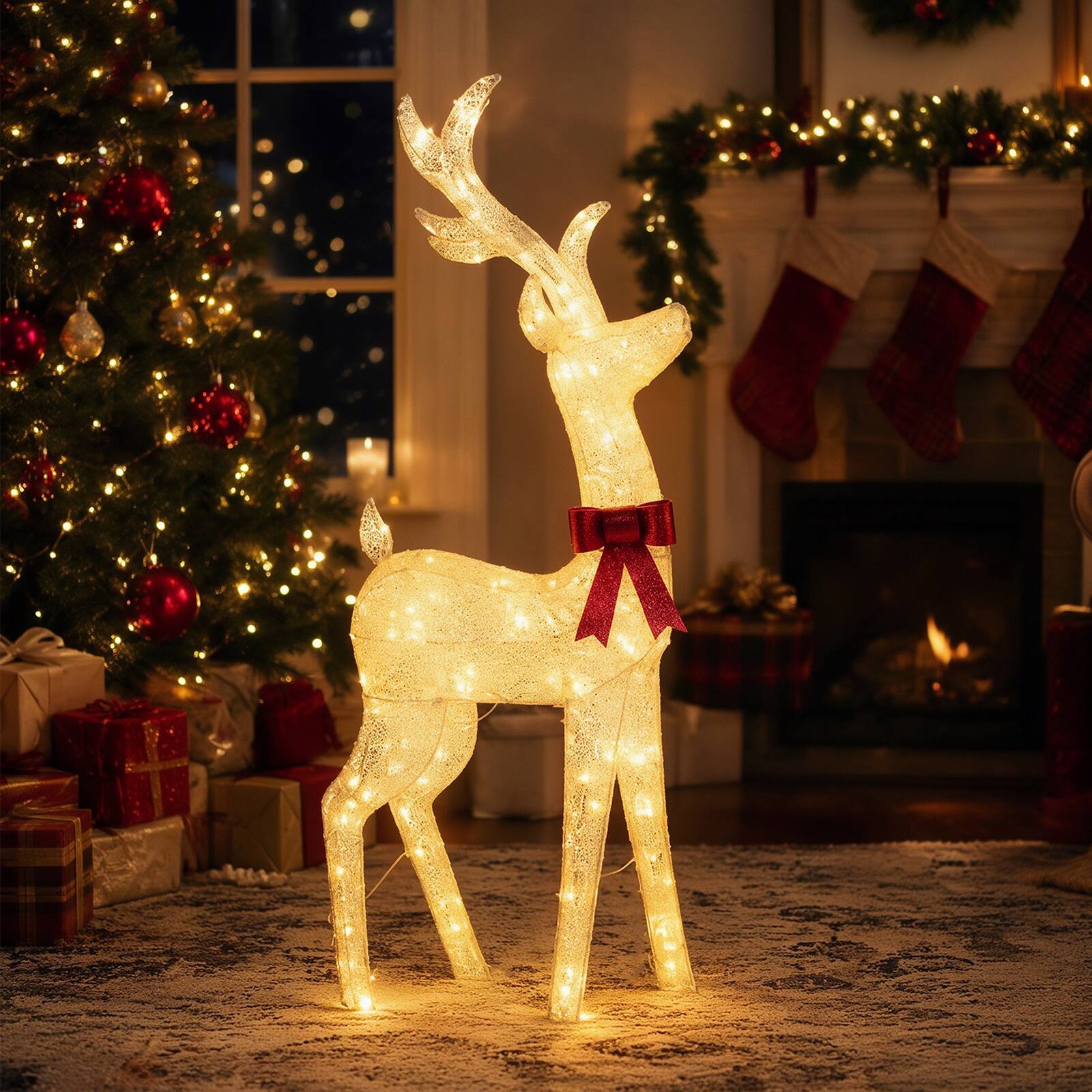 Alt View 4. Costway - Costway Lighted Golden Christmas Reindeer with 130 Warm Yellow LED Lights, 4 Ground Stakes - Gold + Red.