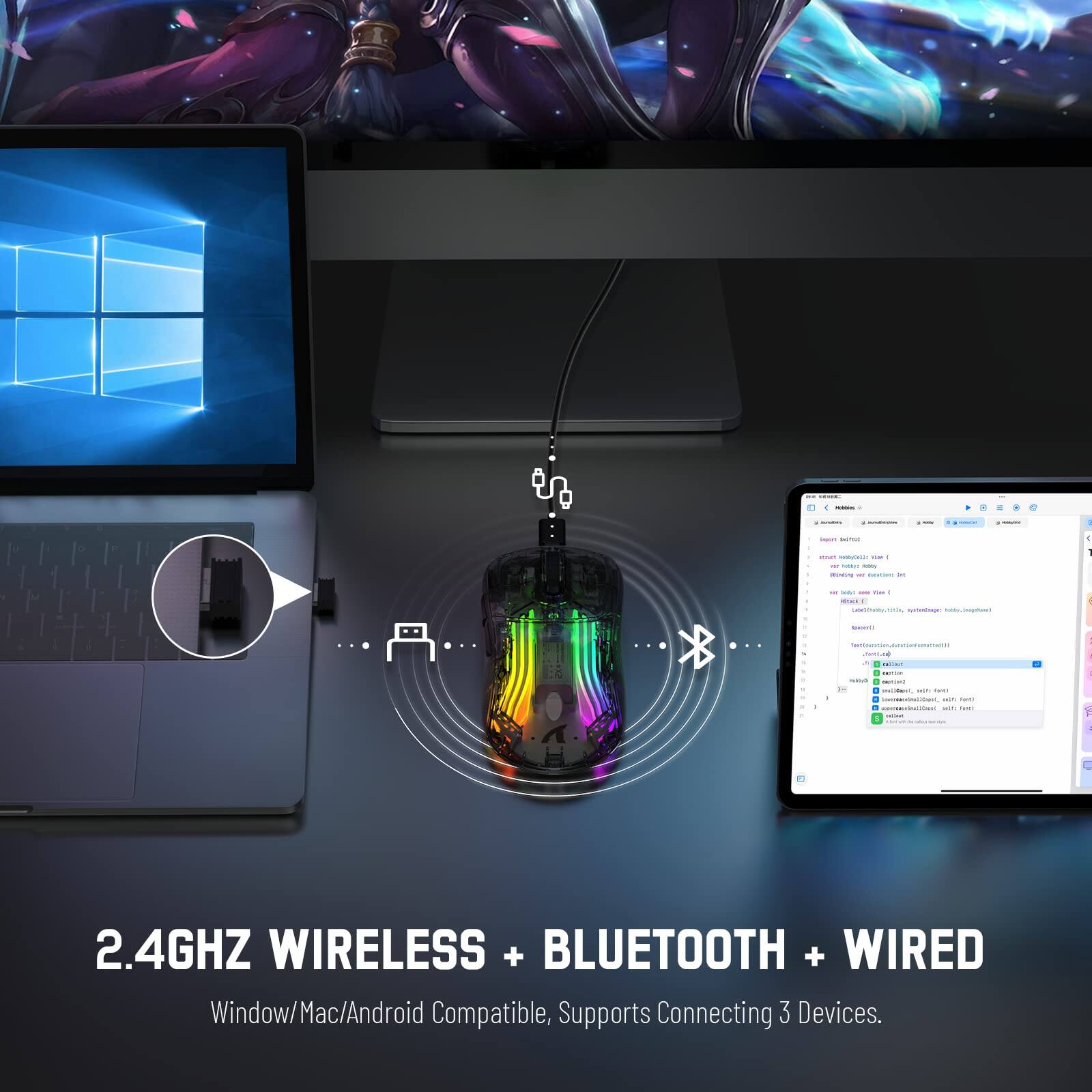 2.4GHz Wireless + Bluetooth + Wired  
Window/Mac/Android Compatible, Supports Connecting 3 Devices.