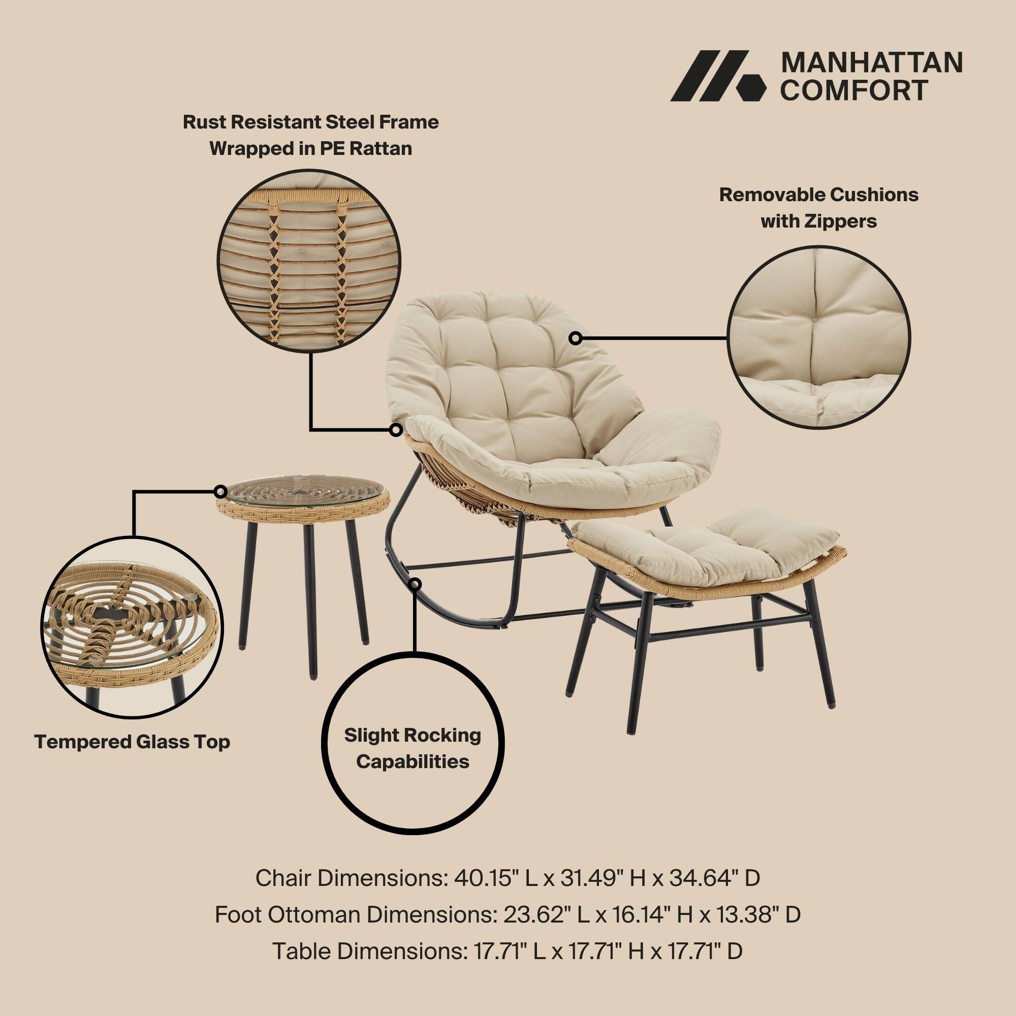 Manhattan Comfort Benson Modern 3 Piece Patio Lounge Chair Set Cream ...