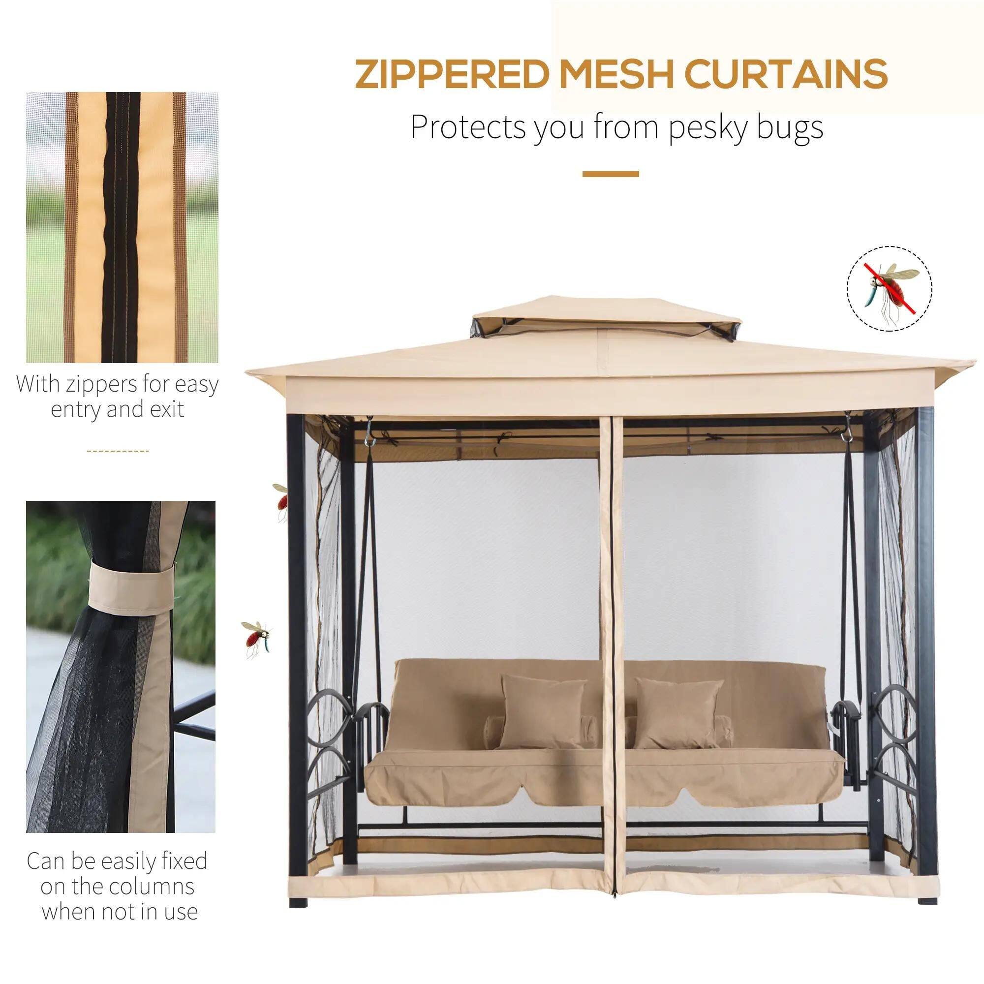 ZIPPERED MESH CURTAINS protect you from pesky bugs. With zippers for easy entry and exit, they can be easily fixed on the columns when not in use.