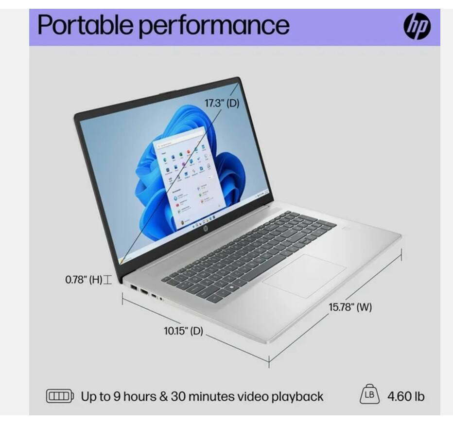Portable performance  
17.3" (D) 0.78" (H)  
15.78" (W) 10.15" (D)  
Up to 9 hours & 30 minutes video playback  
4.60 lb