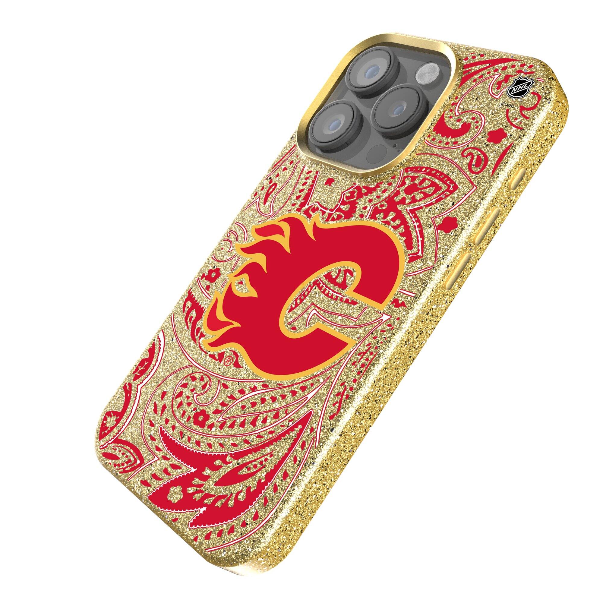 Alt View 1. Keyscaper - Gold Calgary Flames Paisley Bling iPhone Case - 14 - Gold.