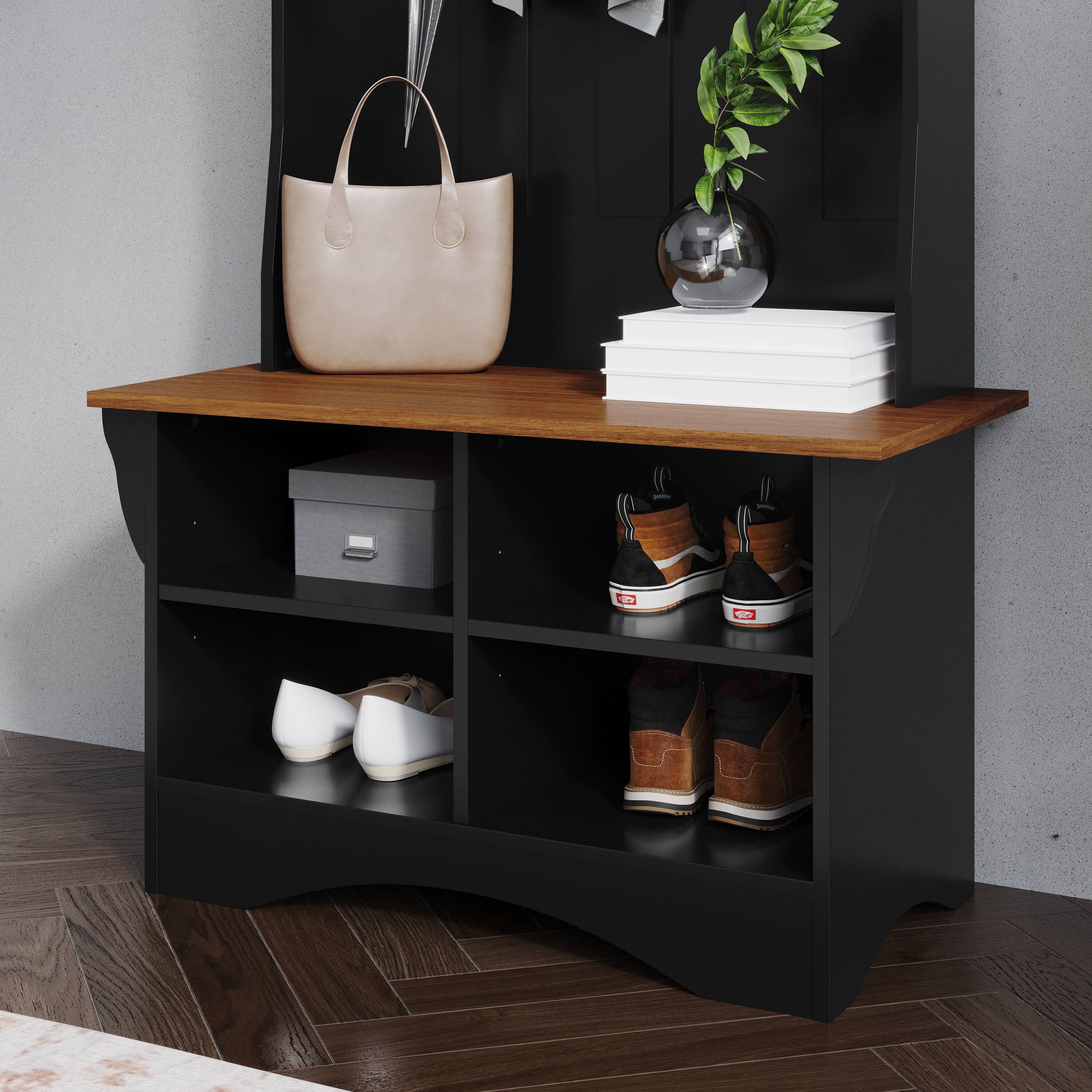Alt View 3. Emma + Oliver - Paula Hallway Tree with Bench, Coat Hooks, and Lower Storage Compartments with Adjustable Shelves - Walnut Seat/Black Frame.