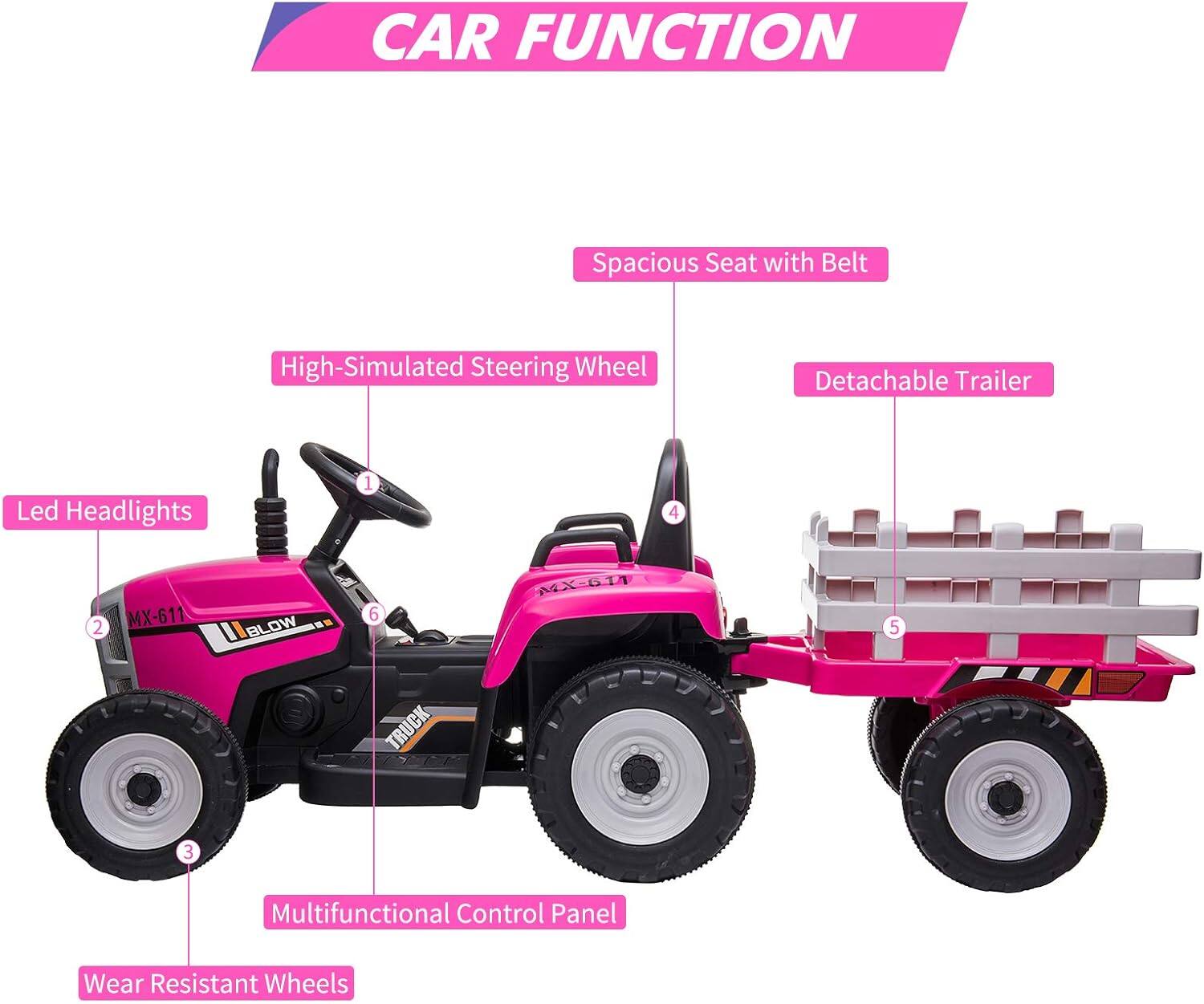 CAR FUNCTION

1. Spacious Seat with Belt
2. High-Simulated Steering Wheel
3. Led Headlights
4. Detachable Trailer
5. Multifunctional Control Panel
6. Wear Resistant Wheels

MX-611
BLOW
TRUCK