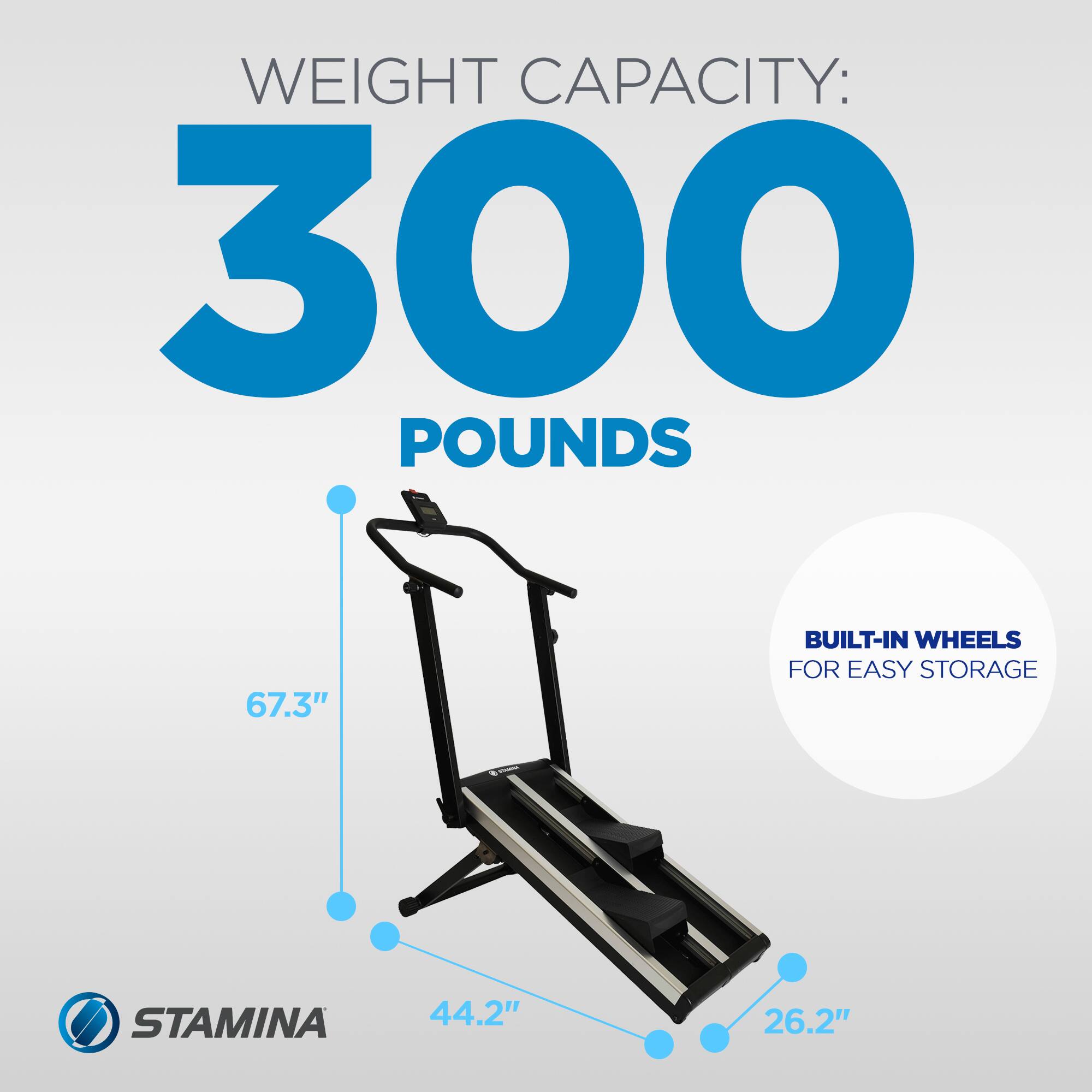 WEIGHT CAPACITY: 300 POUNDS  
67.3"  
BUILT-IN WHEELS FOR EASY STORAGE  
STAMINA  
44.2"  
26.2"