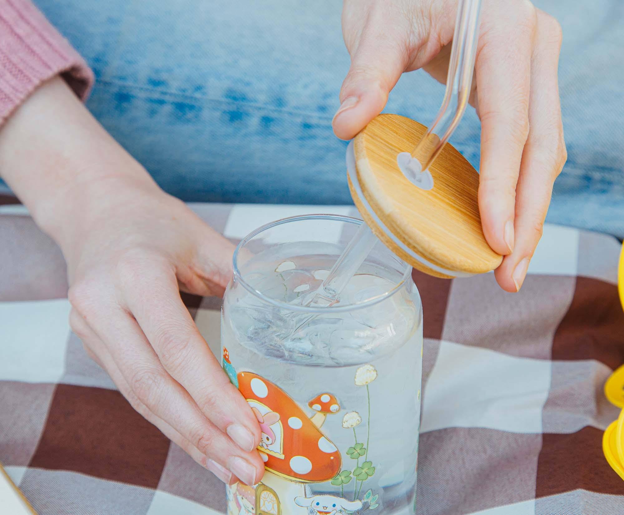 Alt View 3. Silver Buffalo - Sanrio Hello Kitty and Friends Mushroom Glass Tumbler With Bamboo Lid and Straw - Red.