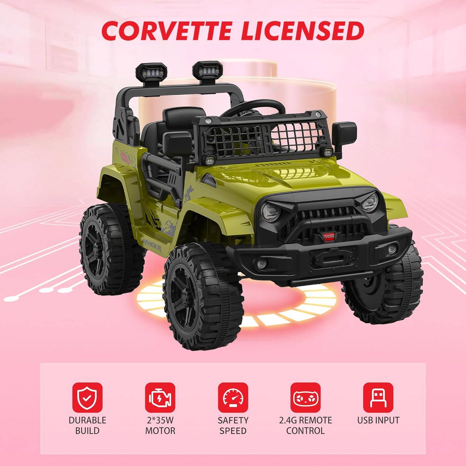 CORVETTE LICENSED

- DURABLE BUILD
- 2*35W MOTOR
- SAFETY SPEED
- 2.4G REMOTE CONTROL
- USB INPUT