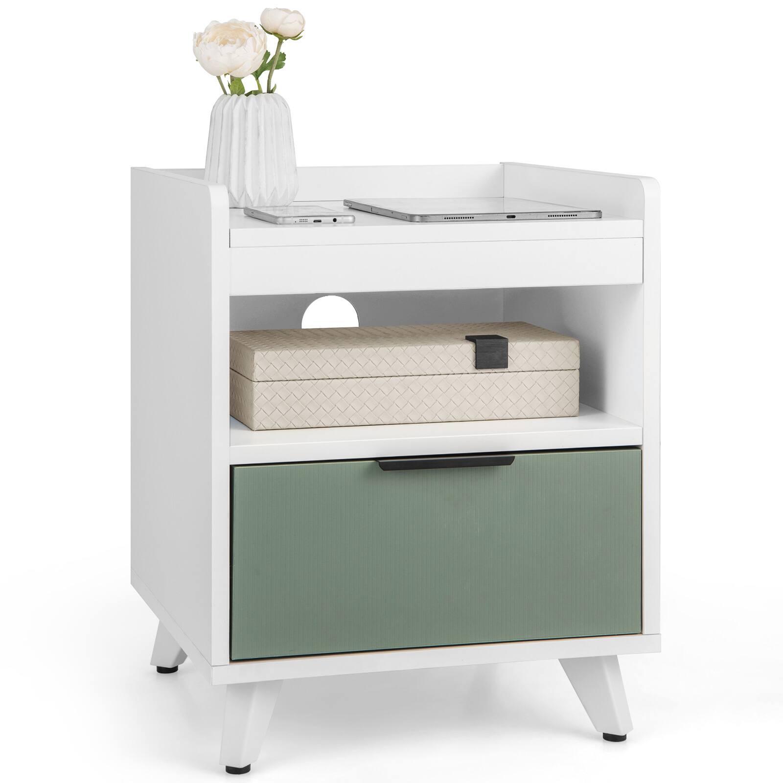 Left. WELLFOR - Modern LED Nightstand with Sliding Drawer and Open Compartment - White.