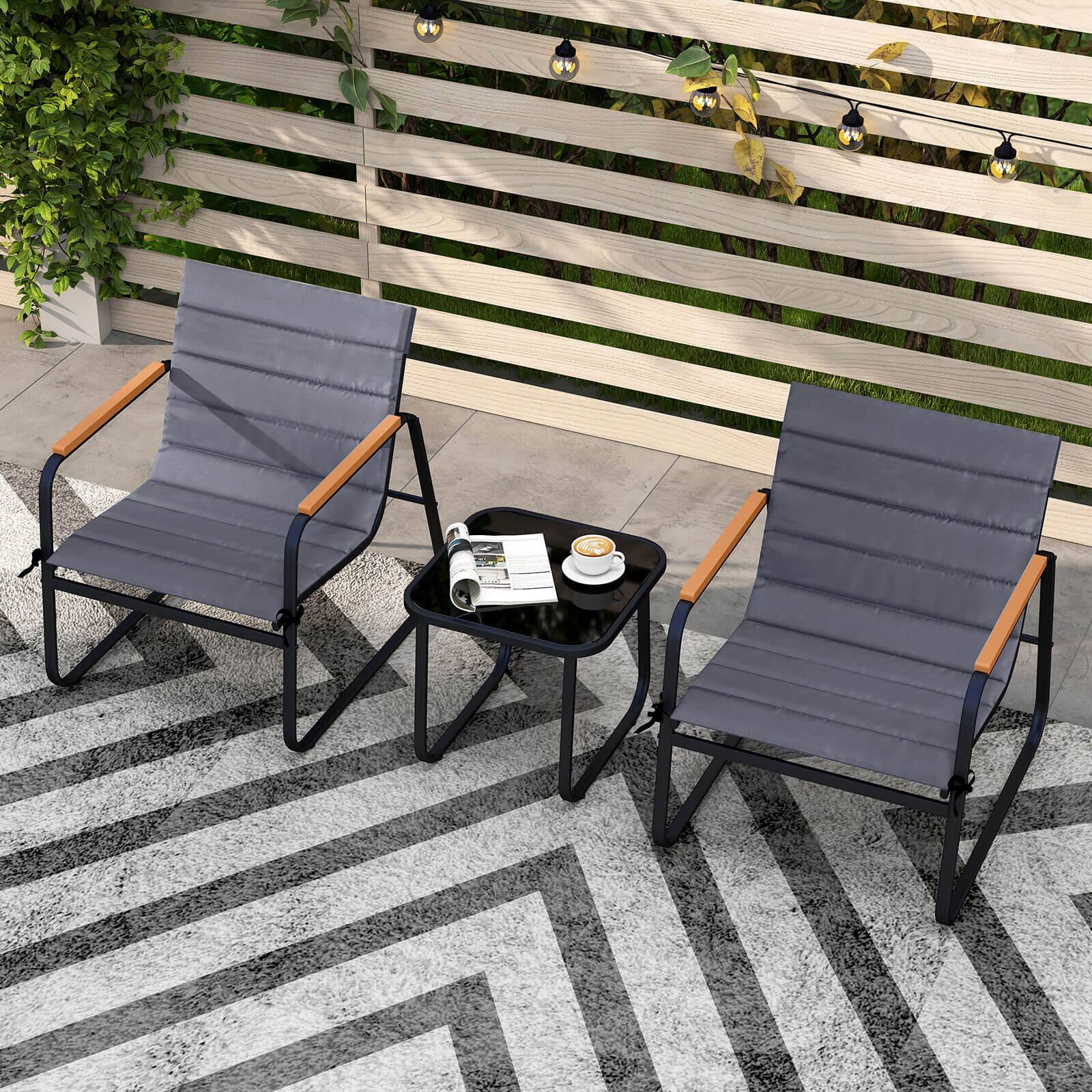 Alt View 4. Costway - Costway 3 PCS Patio Bistro Set with Cushions & Tempered Glass Coffee Table for Balcony, Lawn - Black.