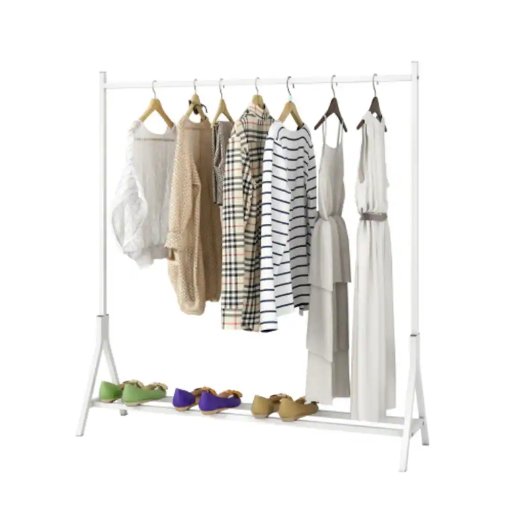 Alt View 2. LUCKY ONE - Freestanding Single Pole Garment Rack w/ Shoe Storage Shelf White - White.