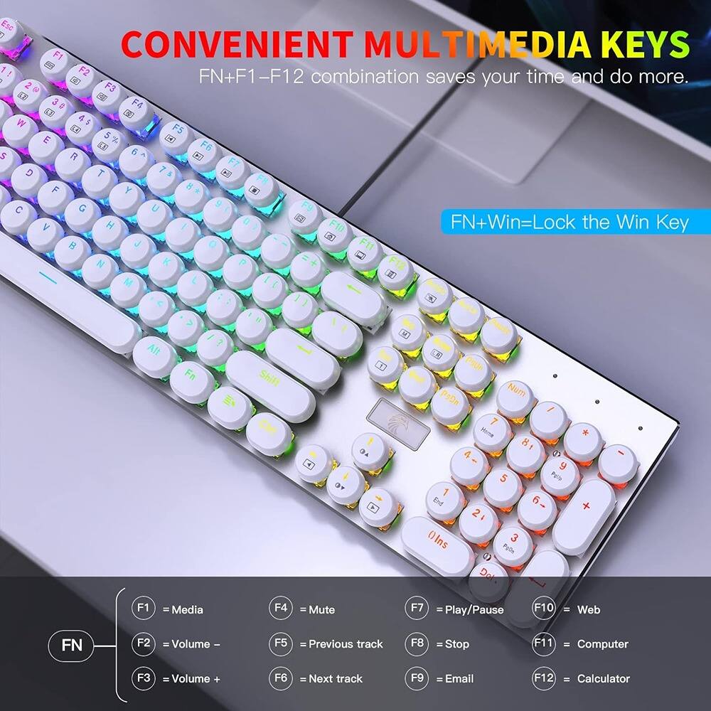 **CONVENIENT MULTIMEDIA KEYS**

FN+F1-F12 combination saves your time and do more.

FN+Win=Lock the Win Key

- F1 = Media
- F2 = Volume -
- F3 = Volume +
- F4 = Mute
- F5 = Previous track
- F6 = Next track
- F7 = Play/Pause
- F8 = Stop
- F9 = Email
- F10 = Web
- F11 = Computer
- F12 = Calculator