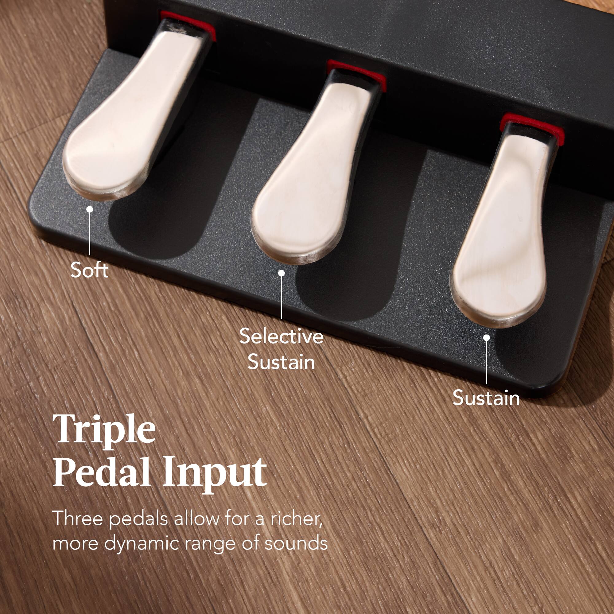 Triple Pedal Input

Three pedals allow for a richer, more dynamic range of sounds

- Soft
- Selective Sustain
- Sustain