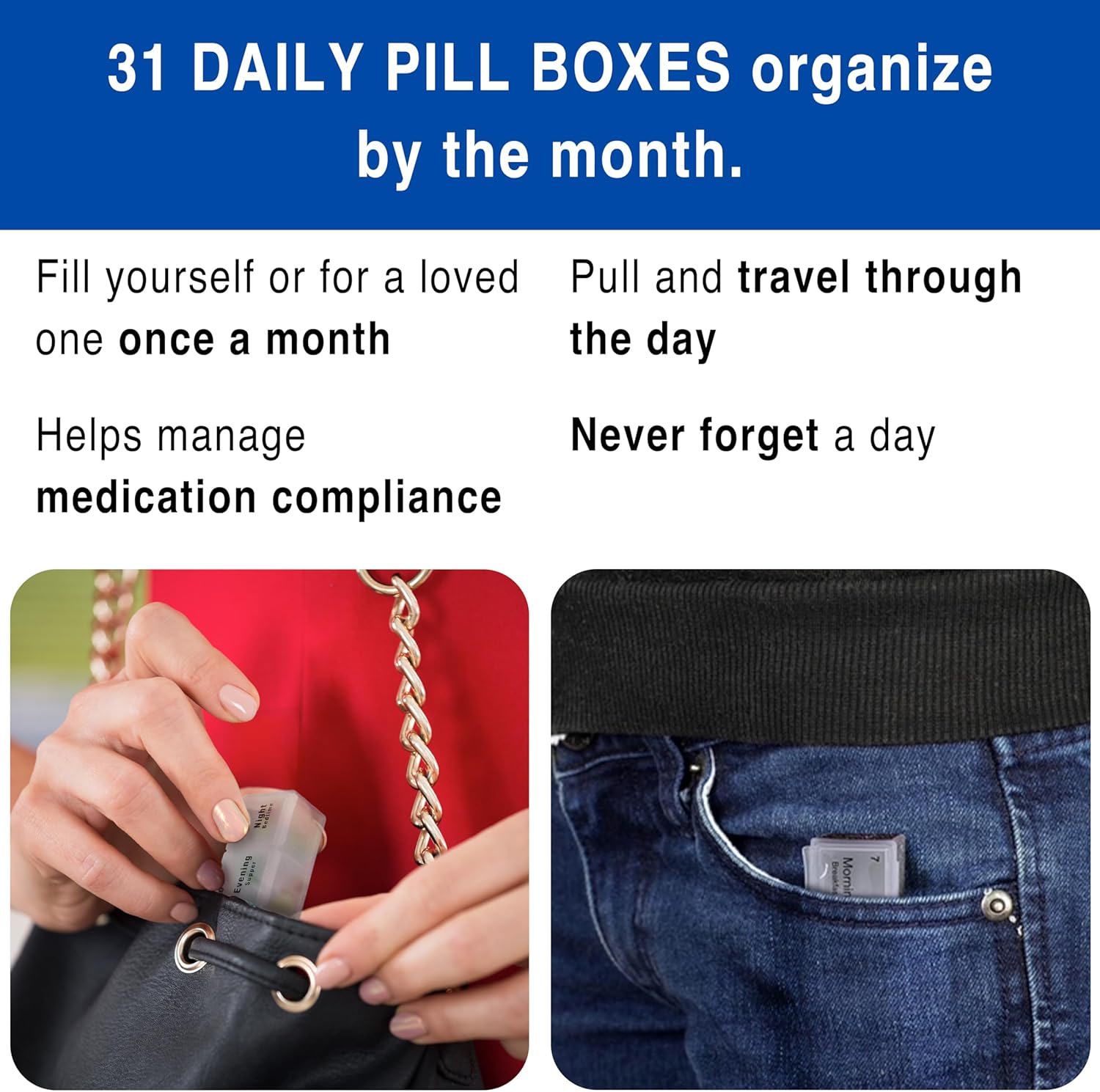 31 DAILY PILL BOXES organize by the month.  
Fill yourself or for a loved one once a month  
Helps manage medication compliance  
Pull and travel through the day  
Never forget a day