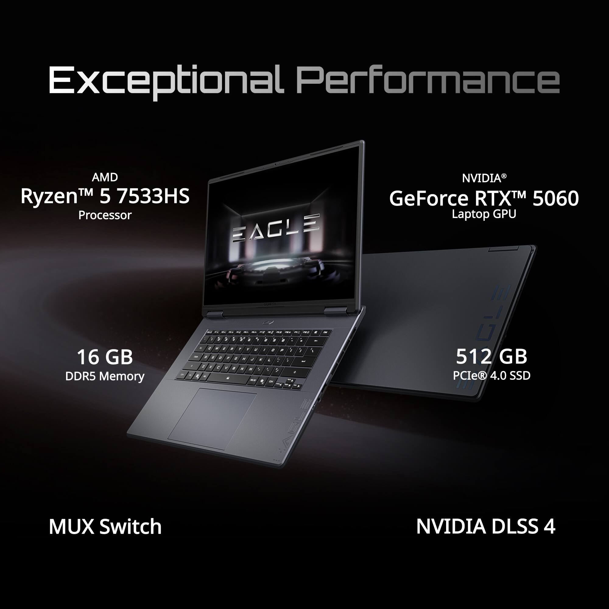 Exceptional Performance  
AMD Ryzen™ 5 7533HS Processor  
NVIDIA GeForce RTX™ 5060 Laptop GPU  
16 GB DDR5 Memory  
512 GB PCIe 4.0 SSD  
MUX Switch  
NVIDIA DLSS 4
