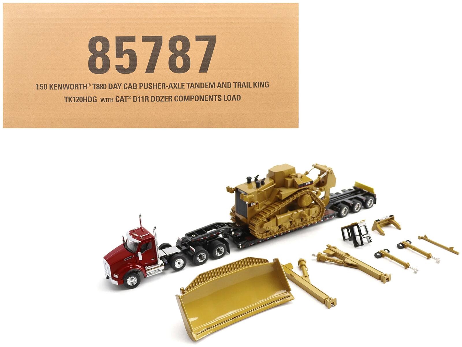 Diecast Masters - Kenworth T880 Day Cab Red with Trail King TK120 Lowboy Trailer and CAT D11R Dozer Components Load 1/50 Transport Series - Red, Yellow, Black