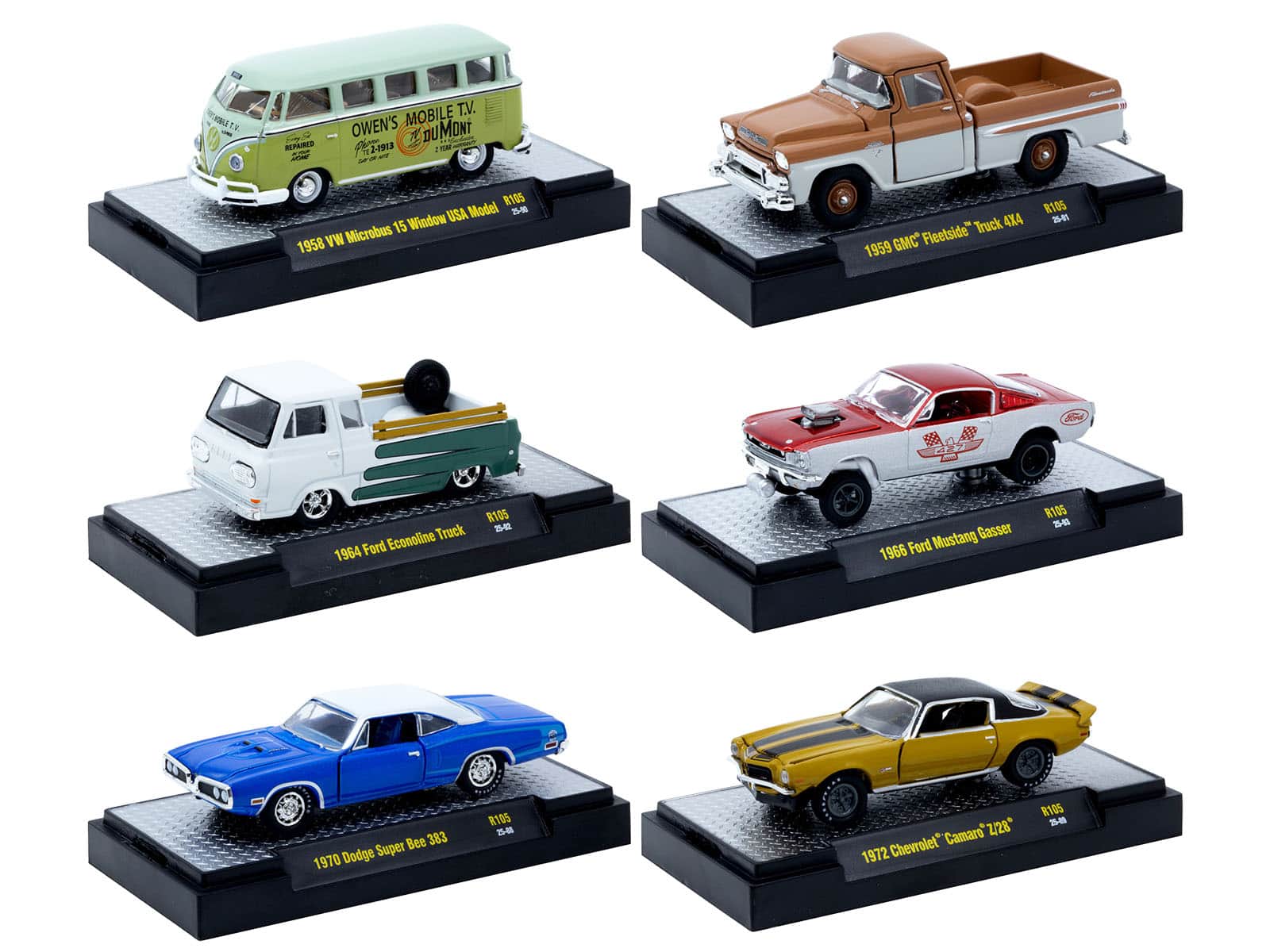 "Auto-Thentics" 6 piece Set Release 105 IN DISPLAY CASES Limited Edition 1/64 Diecast Model Cars by M2 Machines - Multi
