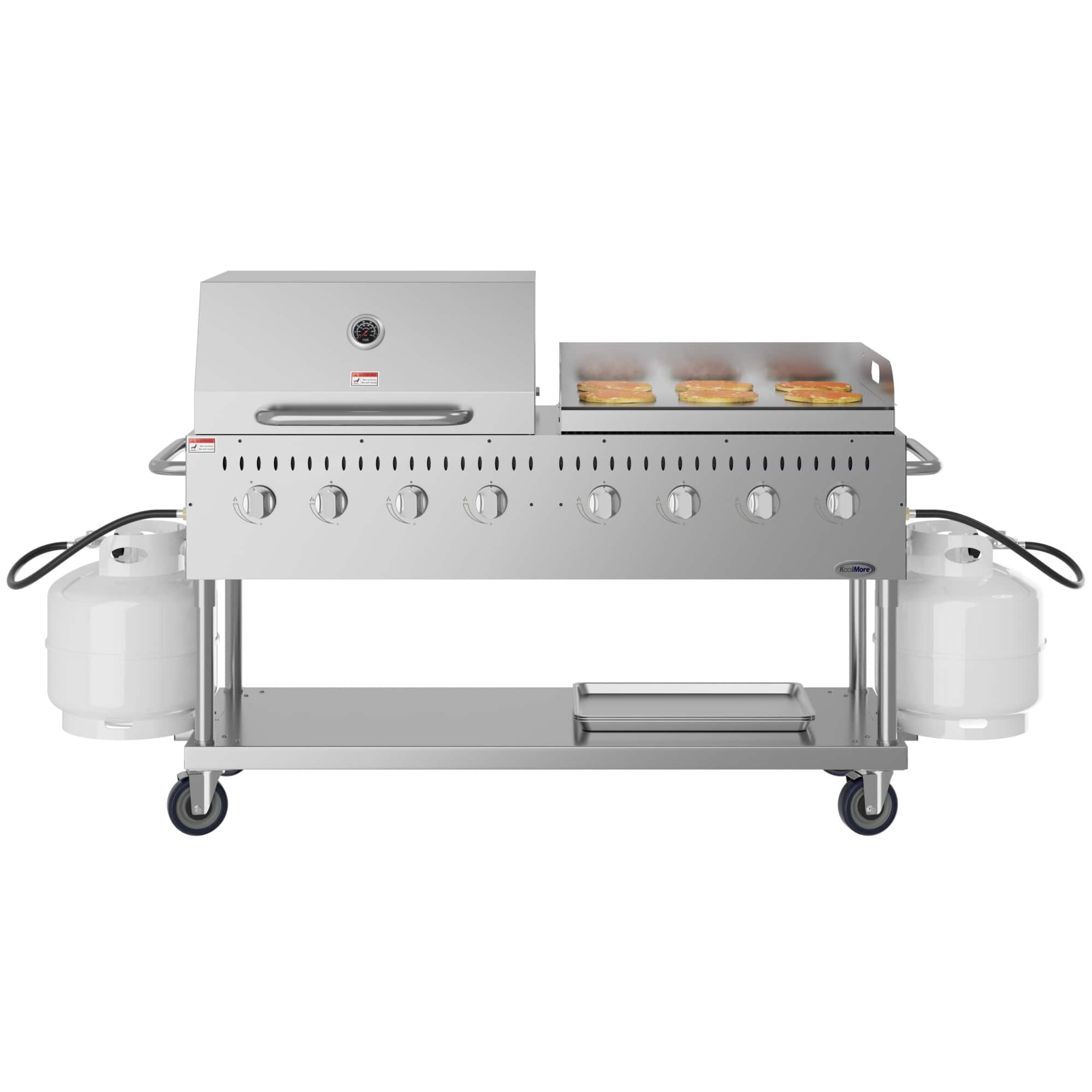 Koolmore - 60 in. 8-Burner Commercial Outdoor Propane Gas Grill with 30 in. Roll Dome Cover and 30 in. Griddle in Stainless-Steel - Stainless Steel