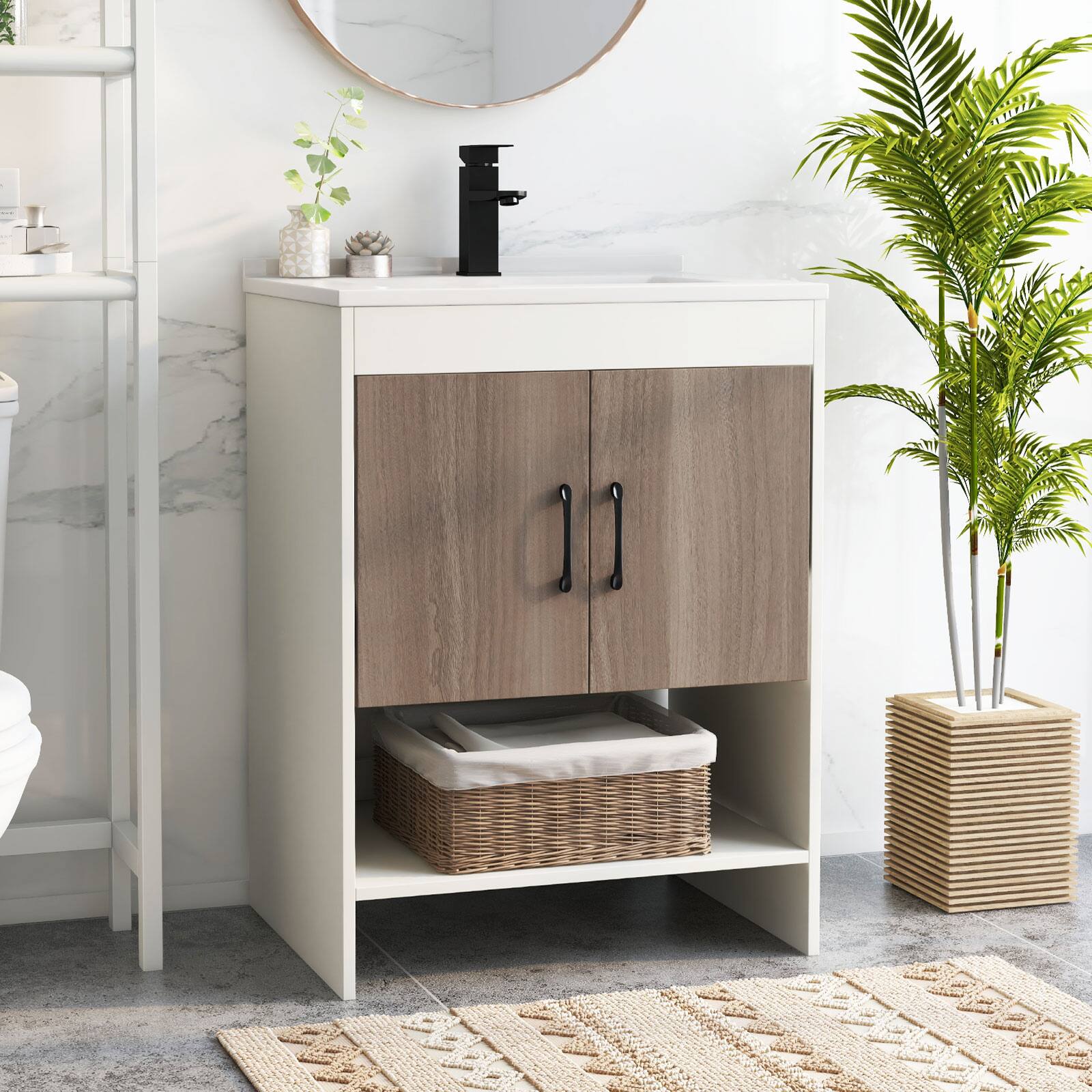 Angle. SlickBlue - Bathroom Vanity Sink Combo Cabinet with Doors and Open Storage Shelf - White.