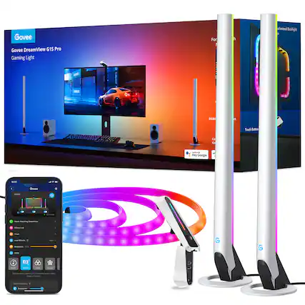 Govee DreamView G1S Pro Gaming Light For Intelligent Badlight RGBI 22 Touch Button Control Game - Hey Google 16:01 - Music - Movie Watching - Timer - Logo Effects - Mode - Color - Scene - Color Scheme - Echo Lab -
