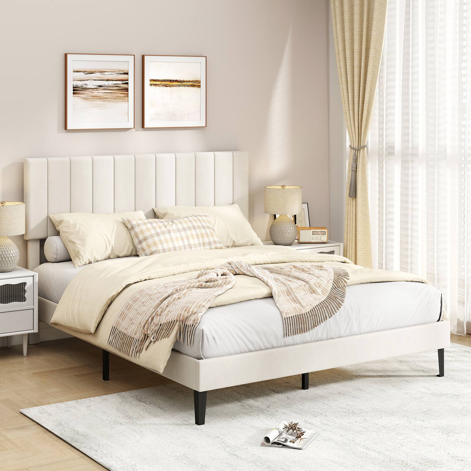 Alt View 4. LUCKY ONE - Twin/Full/Queen Assembled Velvet Upholstered Platform Bed Frame with Adjustable Headboard - Beige.
