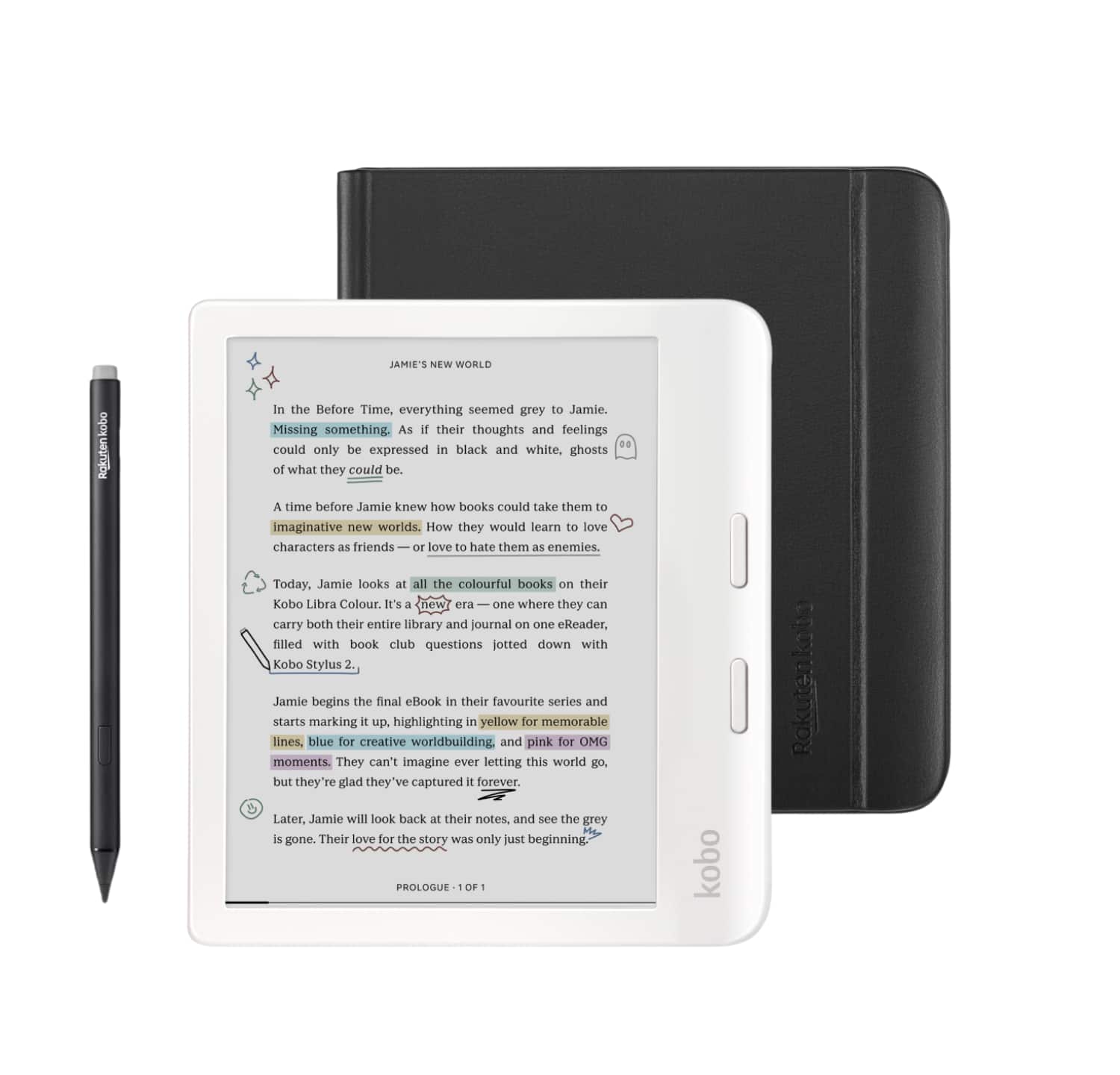 Kobo - Libra Colour eReader (White) with and Stylus 2Gen Bundle - 2024 - Black Notebook SleepCover