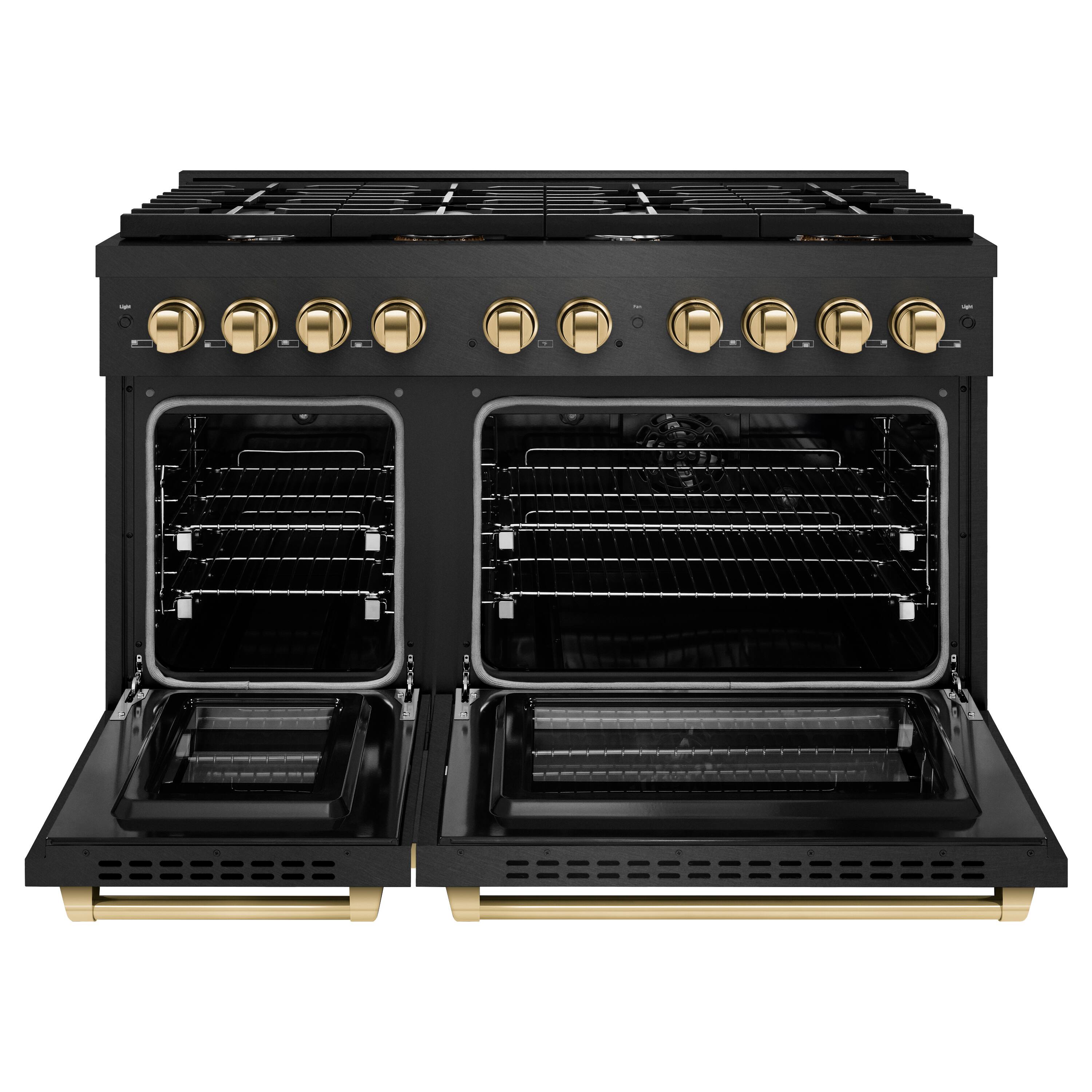 Angle. ZLINE - Autograph 48 in. 6.7 cu. ft. Freestanding Paramount Dual Fuel Range in Black Satin Stainless Steel and Bronze Accents - Black Satin Stainless Steel.
