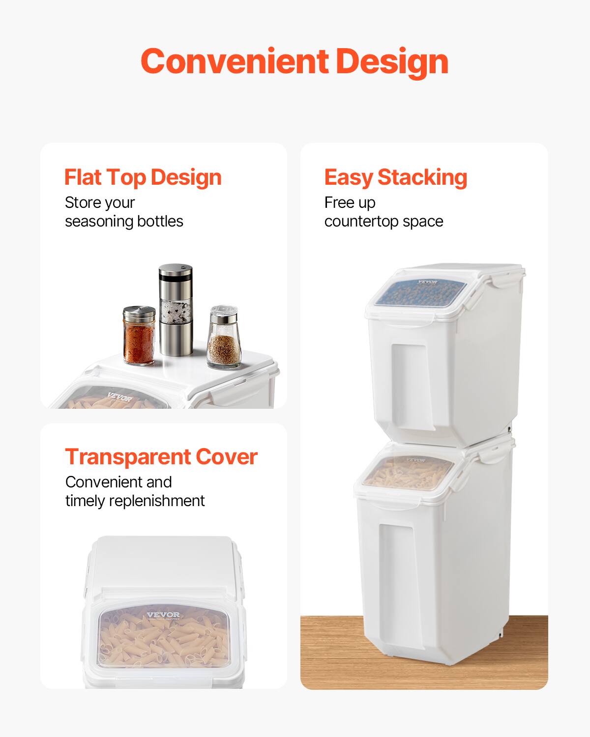Convenient Design

Flat Top Design
Store your seasoning bottles

Easy Stacking
Free up countertop space

Transparent Cover
Convenient and timely replenishment
