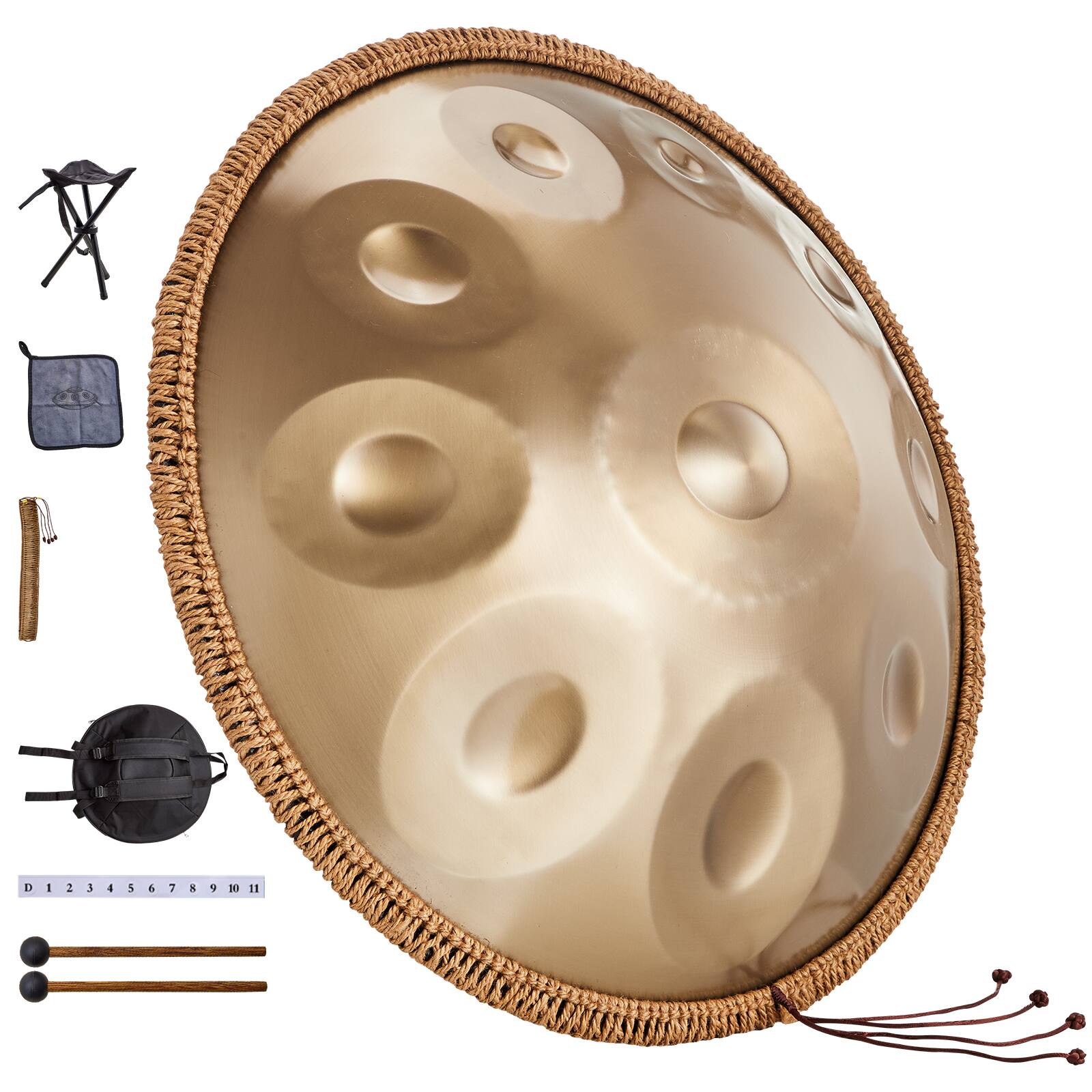 Alt View 5. VEVOR - Handpan Drum, 22 in & 10 Notes, D Minor Hand Drum, Hand Pan Drum Instrument with Mallets, 432Hz Handpan Stand &Carry Bag - Golden.