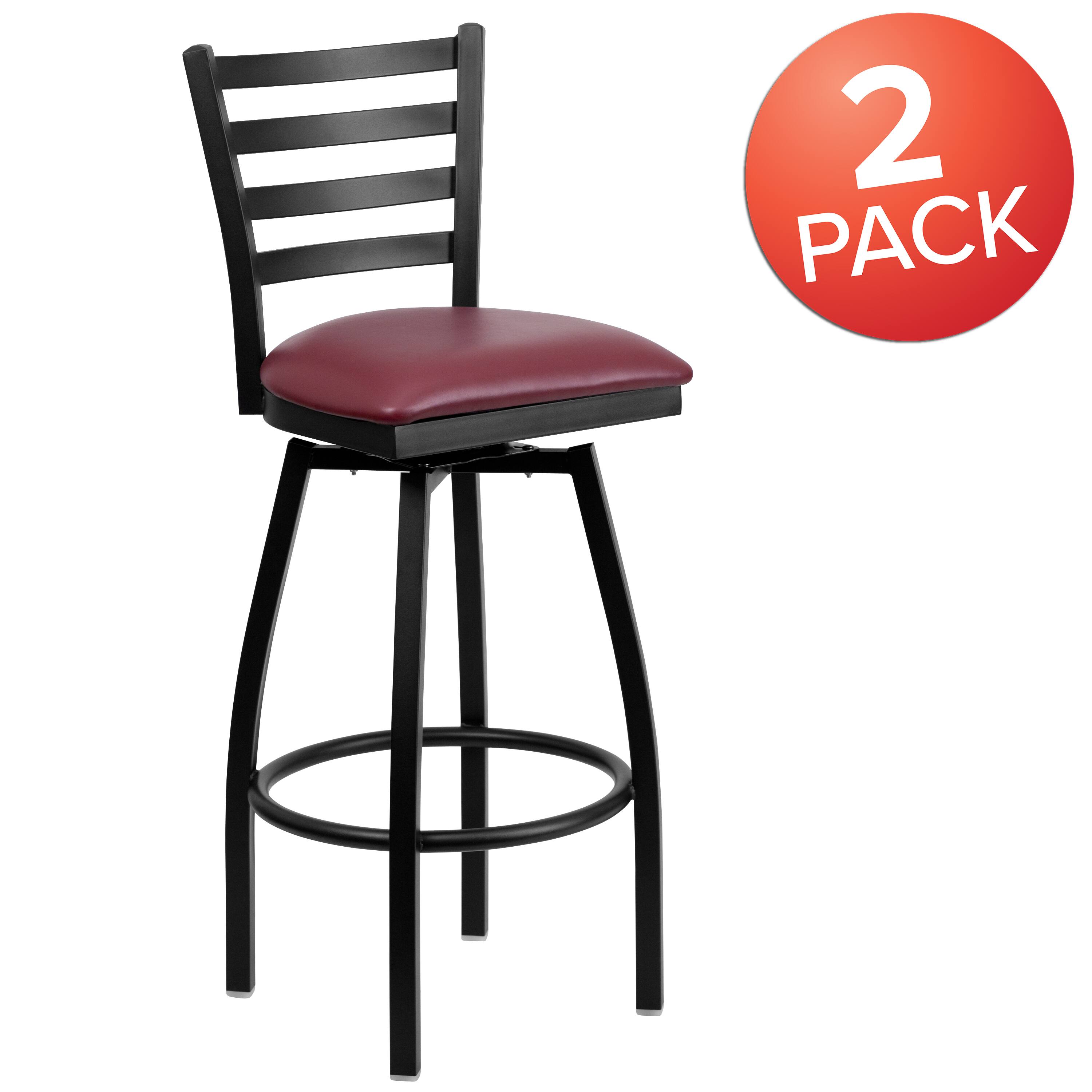 Alt View 1. Emma + Oliver - 2 Pack Ladder Back Swivel Metal Barstool - Burgundy Vinyl Seat/Black Metal Frame.